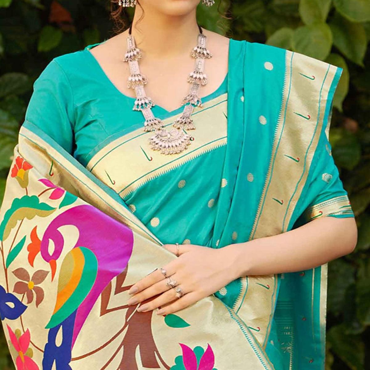 Turquoise Festive Wear Woven Soft Banarasi Silk Saree - Peachmode