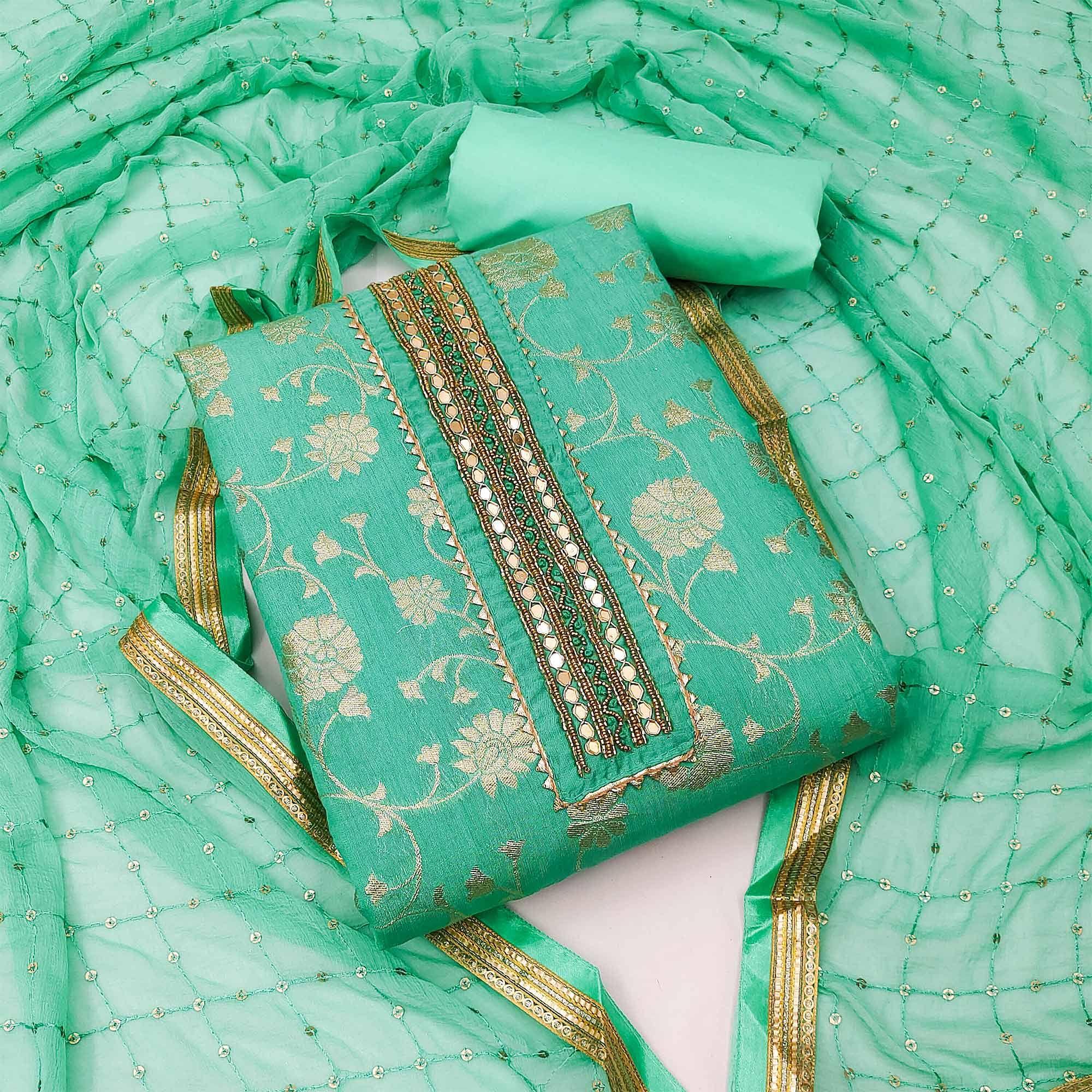 Turquoise Festive Wear Woven With Embellished Jacquard Dress Material - Peachmode