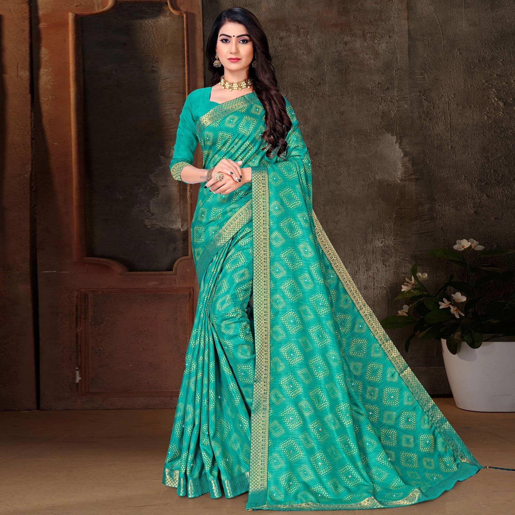 Turquoise Festive Wear Woven With Embellished Vichitra Silk Saree - Peachmode