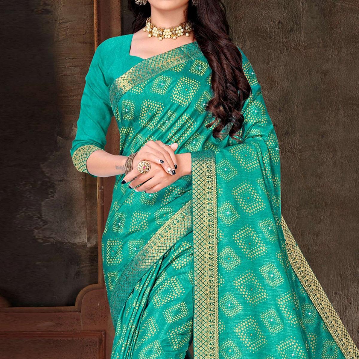Turquoise Festive Wear Woven With Embellished Vichitra Silk Saree - Peachmode