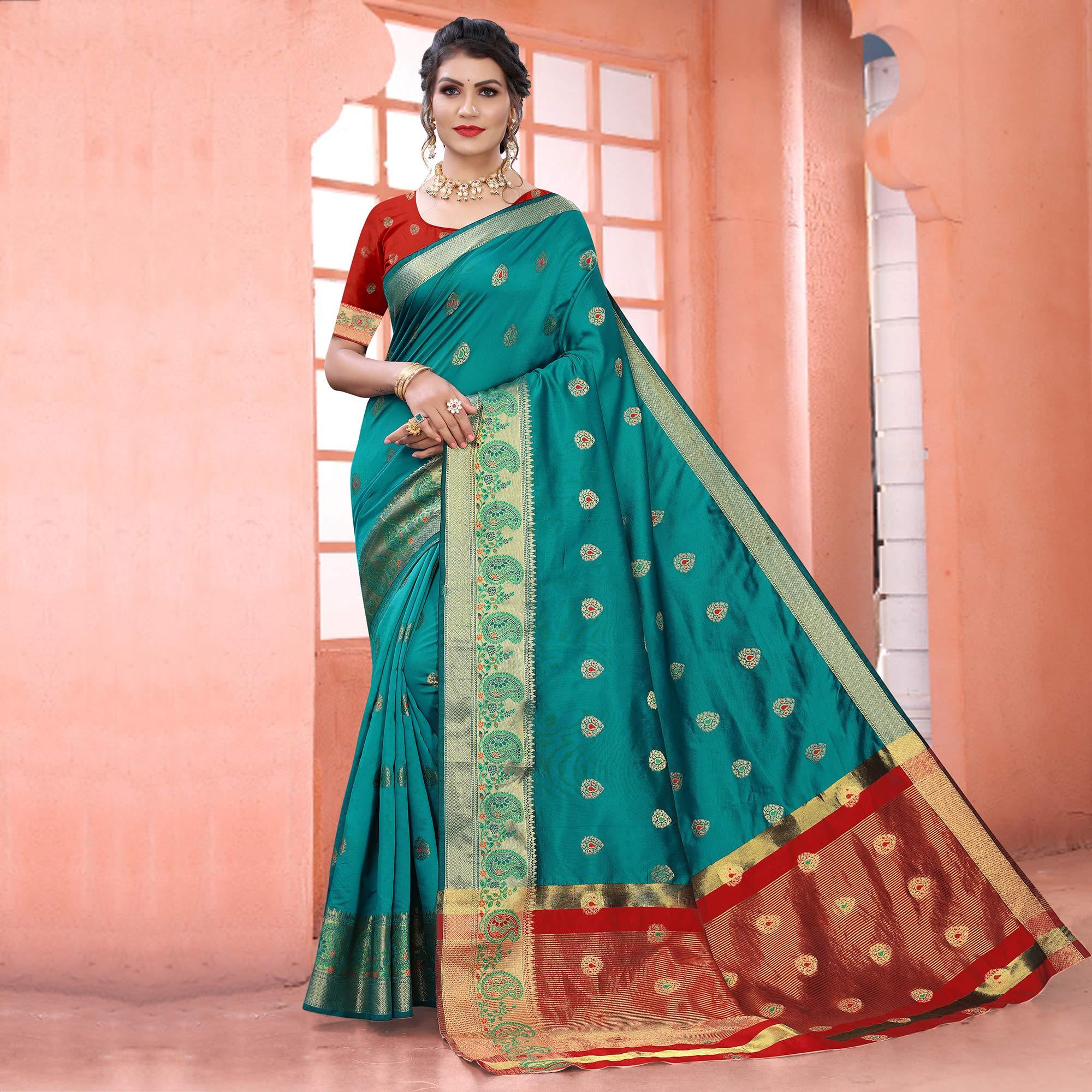 Turquoise Festive Wear Woven With Meena Butta Lining Pallu Soft Silk Saree - Peachmode