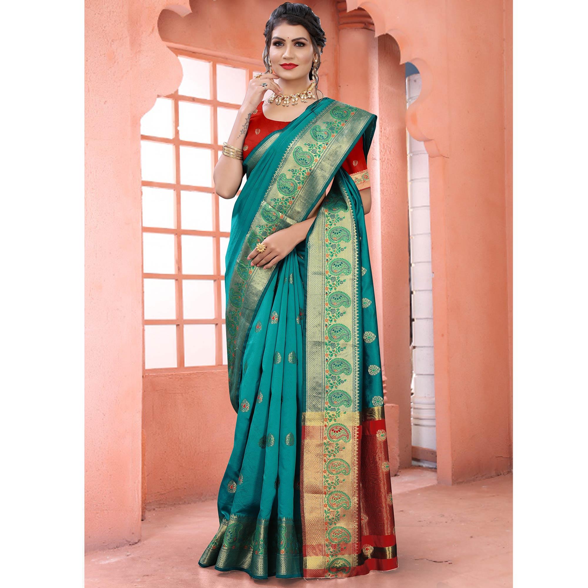 Turquoise Festive Wear Woven With Meena Butta Lining Pallu Soft Silk Saree - Peachmode