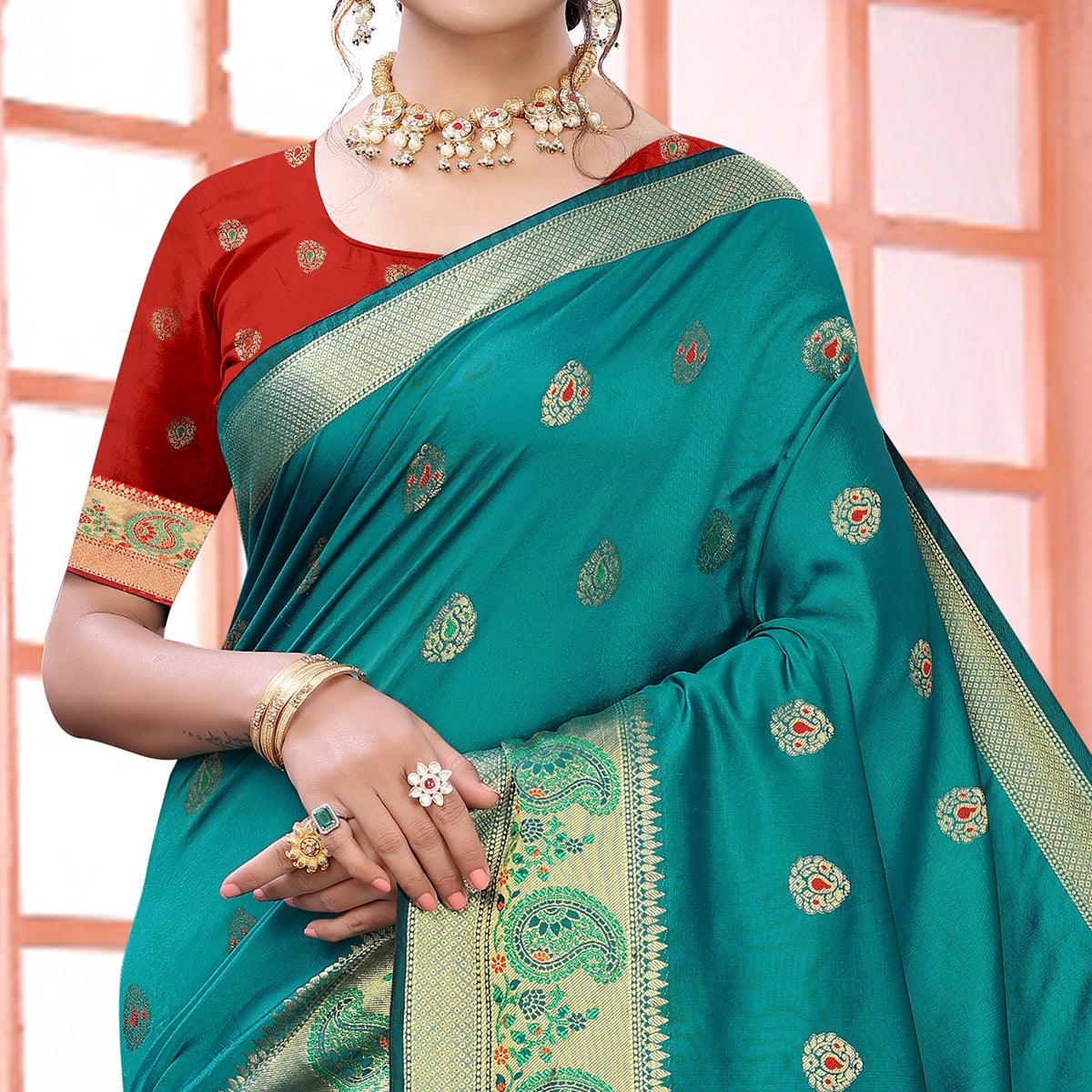 Turquoise Festive Wear Woven With Meena Butta Lining Pallu Soft Silk Saree - Peachmode