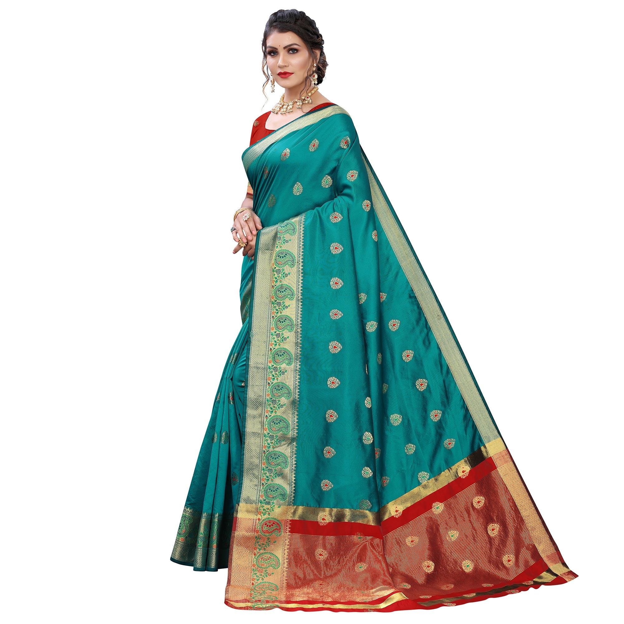Turquoise Festive Wear Woven With Meena Butta Lining Pallu Soft Silk Saree - Peachmode