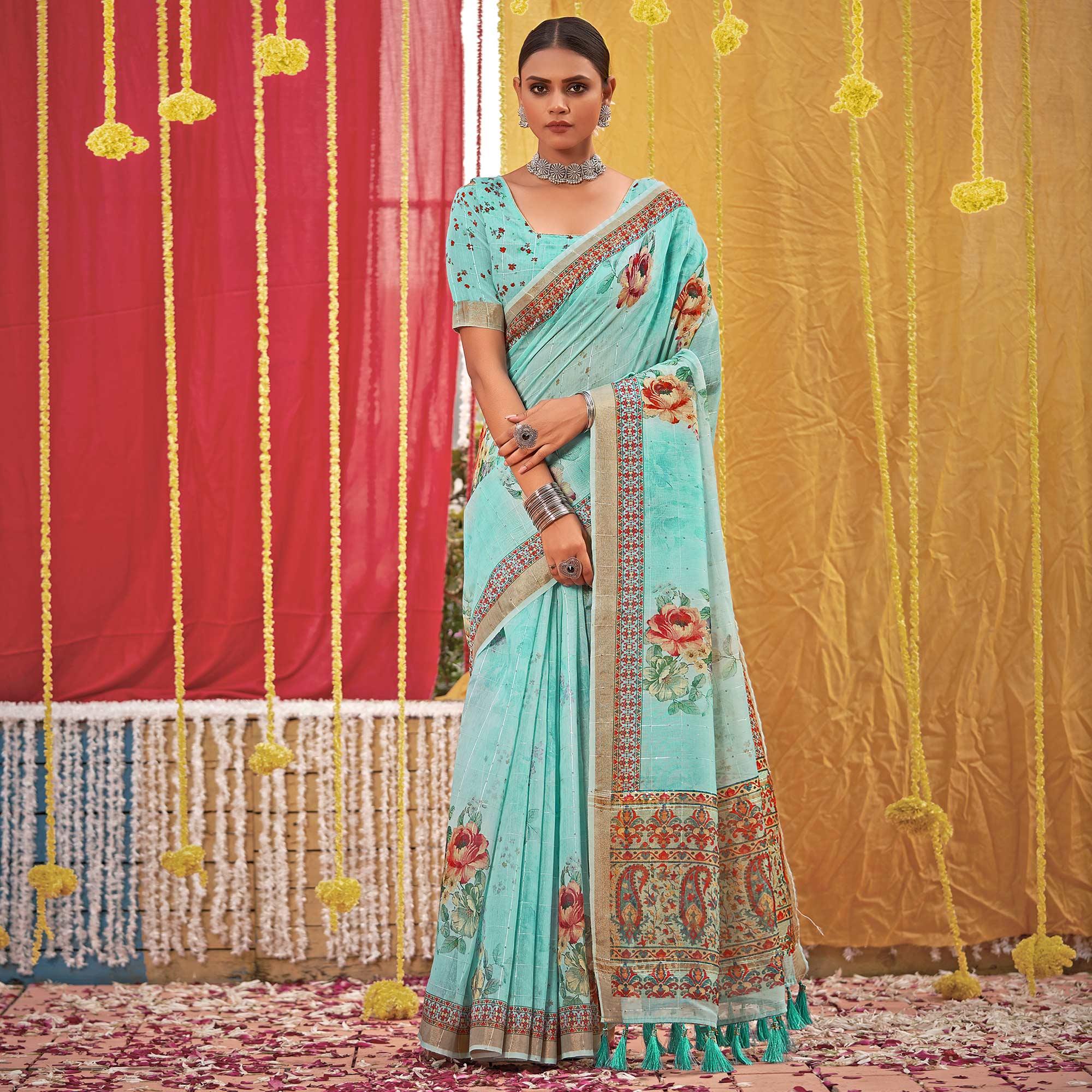 Turquoise Floral Digital Printed Linen Saree With Tassels - Peachmode