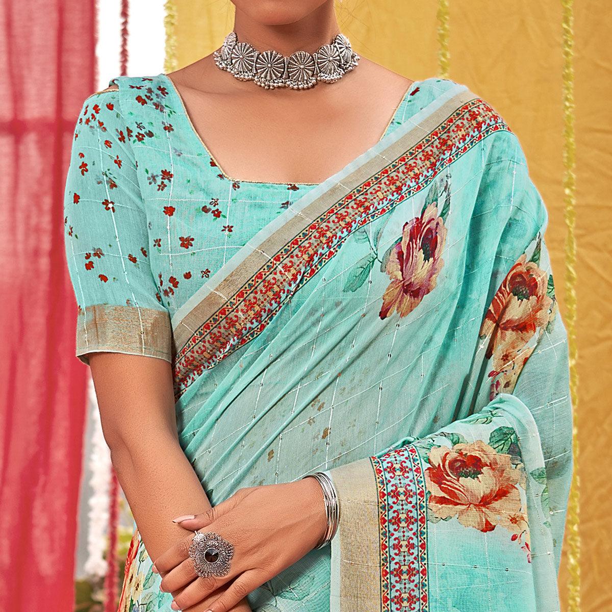 Turquoise Floral Digital Printed Linen Saree With Tassels - Peachmode