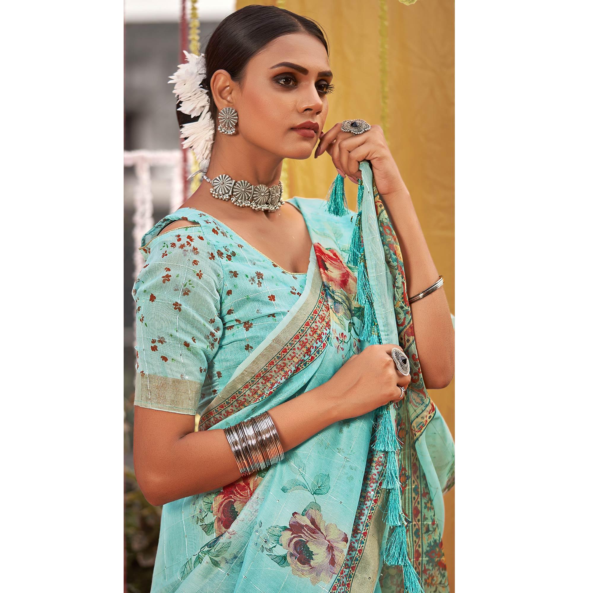 Turquoise Floral Digital Printed Linen Saree With Tassels - Peachmode
