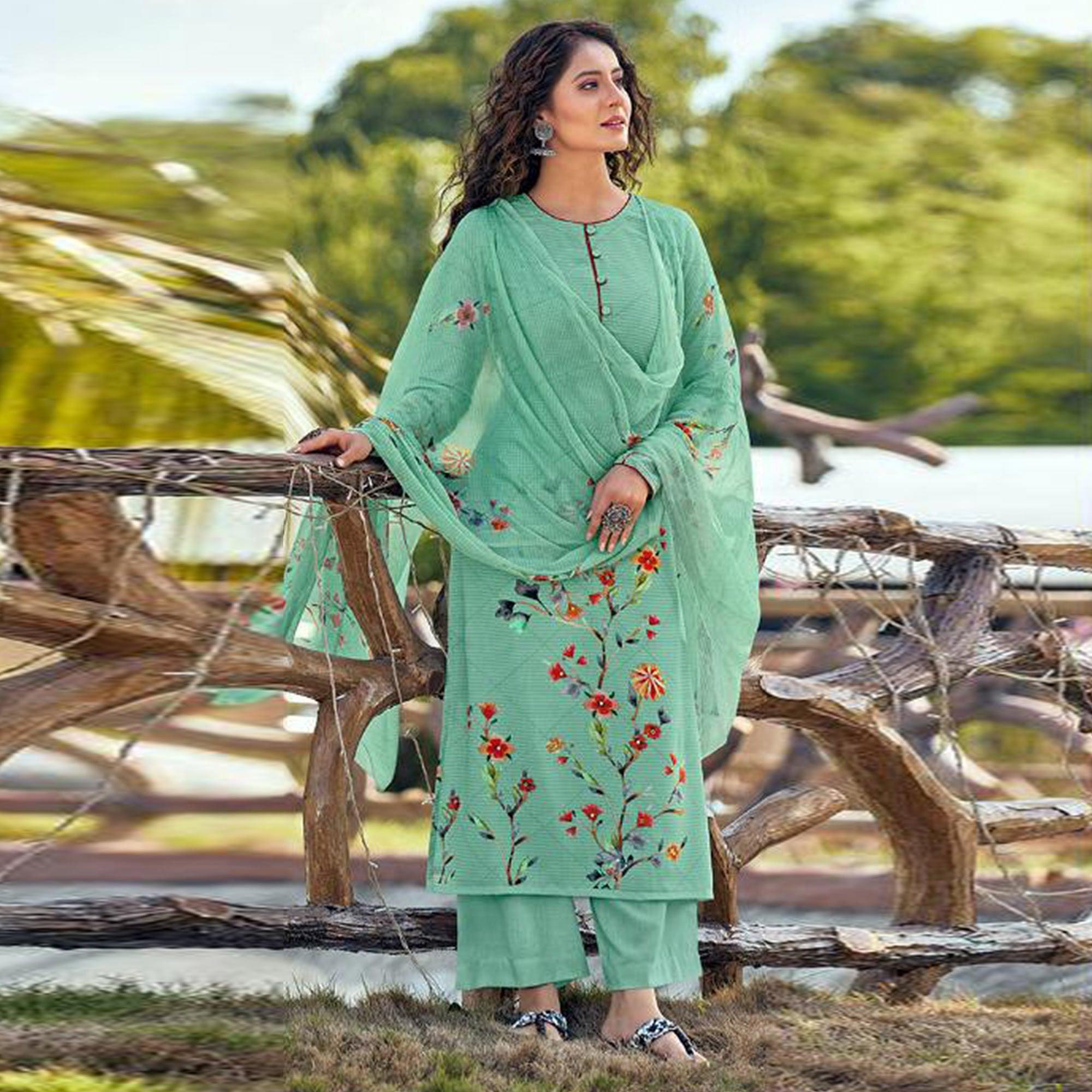 Turquoise Floral Digital Printed With Handwork Cambric Cotton Partywear Suit - Peachmode