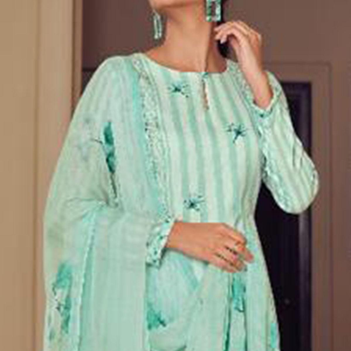 Turquoise Floral Digital Printed With Handwork Cambric Cotton Partywear Suit - Peachmode