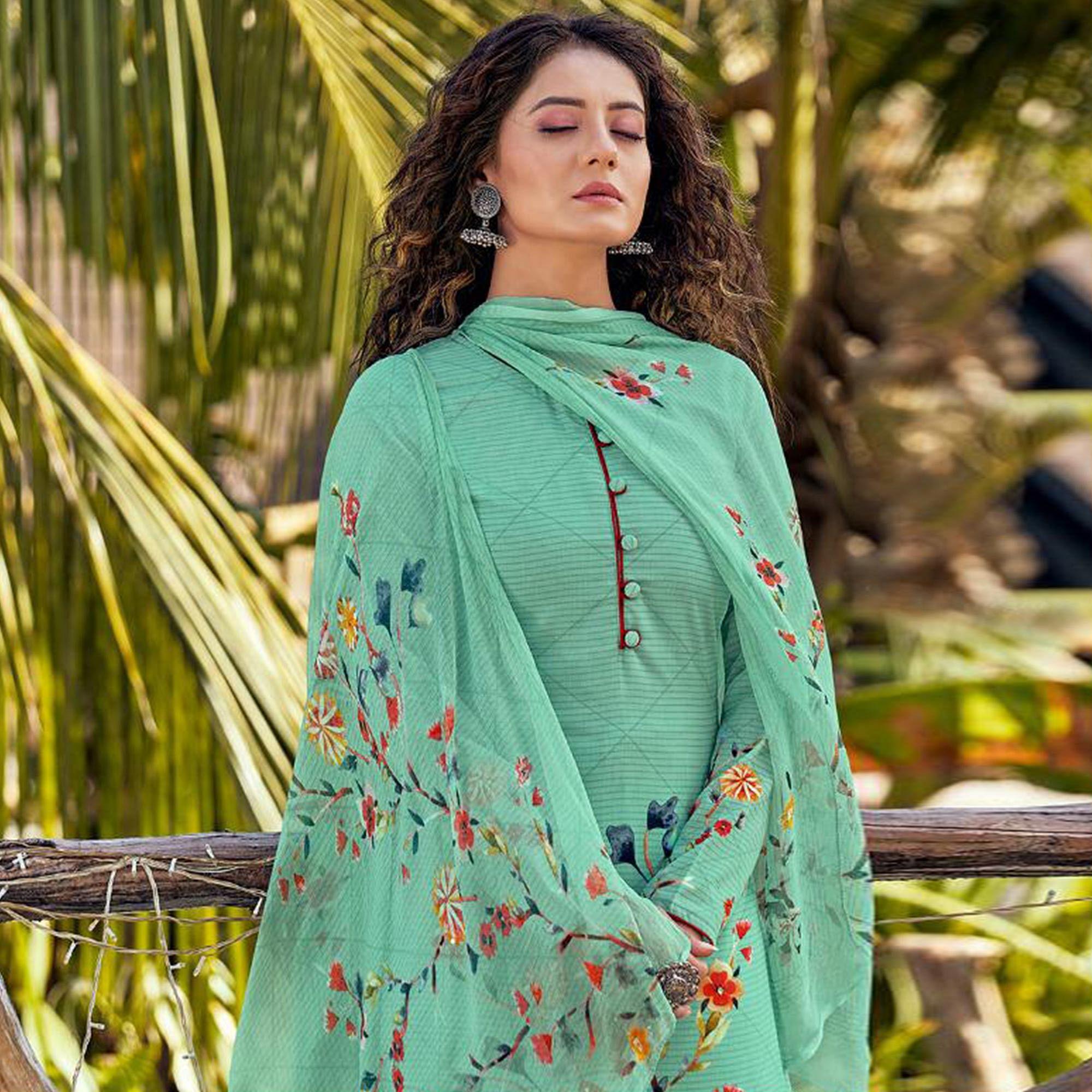 Turquoise Floral Digital Printed With Handwork Cambric Cotton Partywear Suit - Peachmode