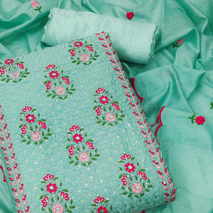 Turquoise Floral Embroidered Chanderi Dress Material - Peachmode