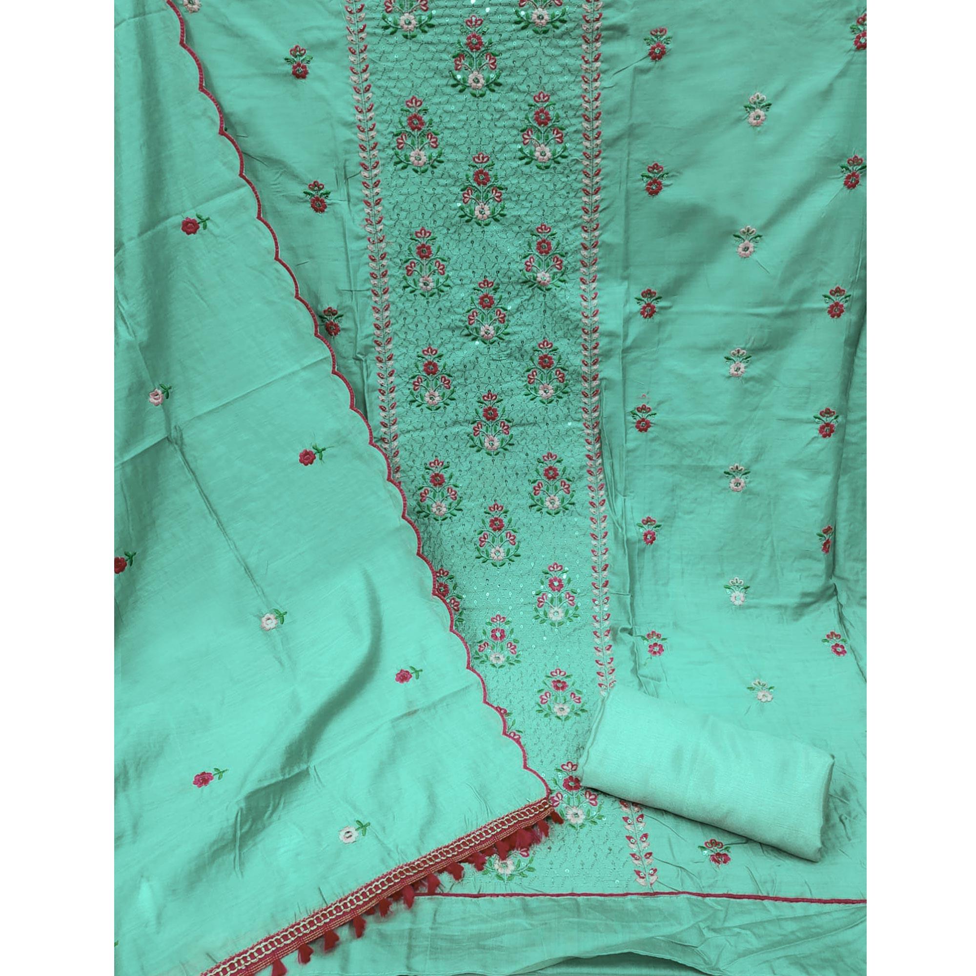 Turquoise Floral Embroidered Chanderi Dress Material - Peachmode