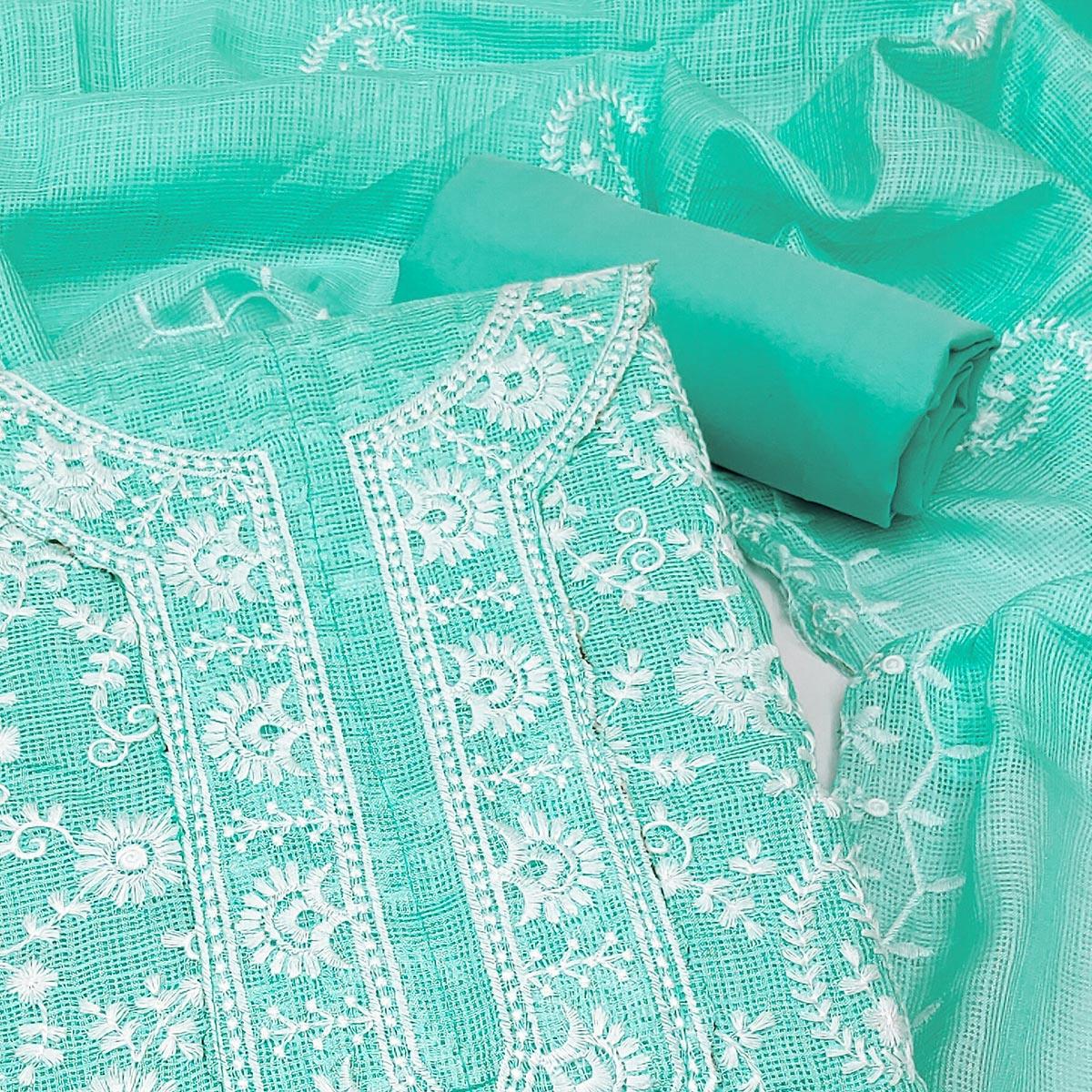 Turquoise Floral Embroidered Cotton Dress Material - Peachmode