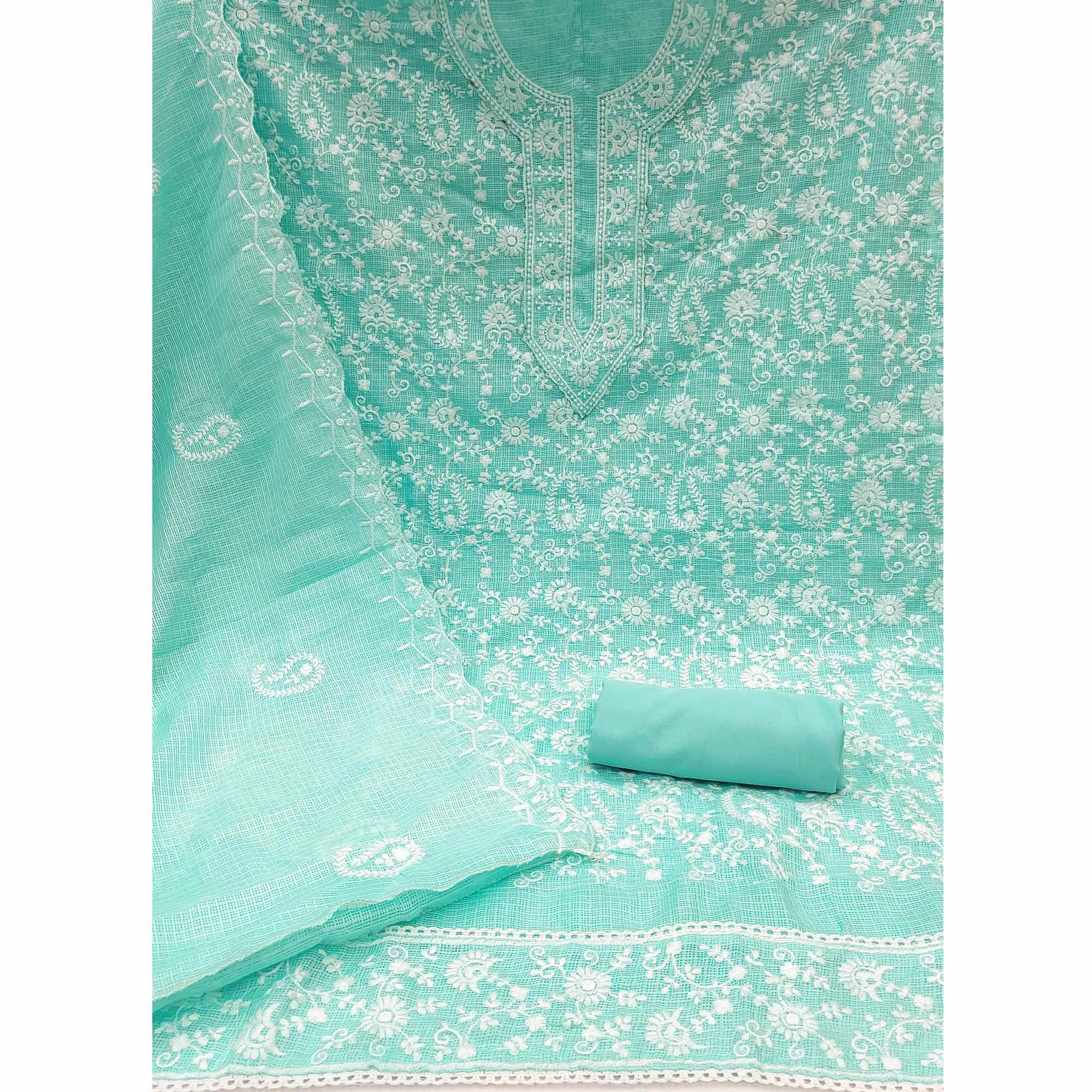 Turquoise Floral Embroidered Cotton Dress Material - Peachmode
