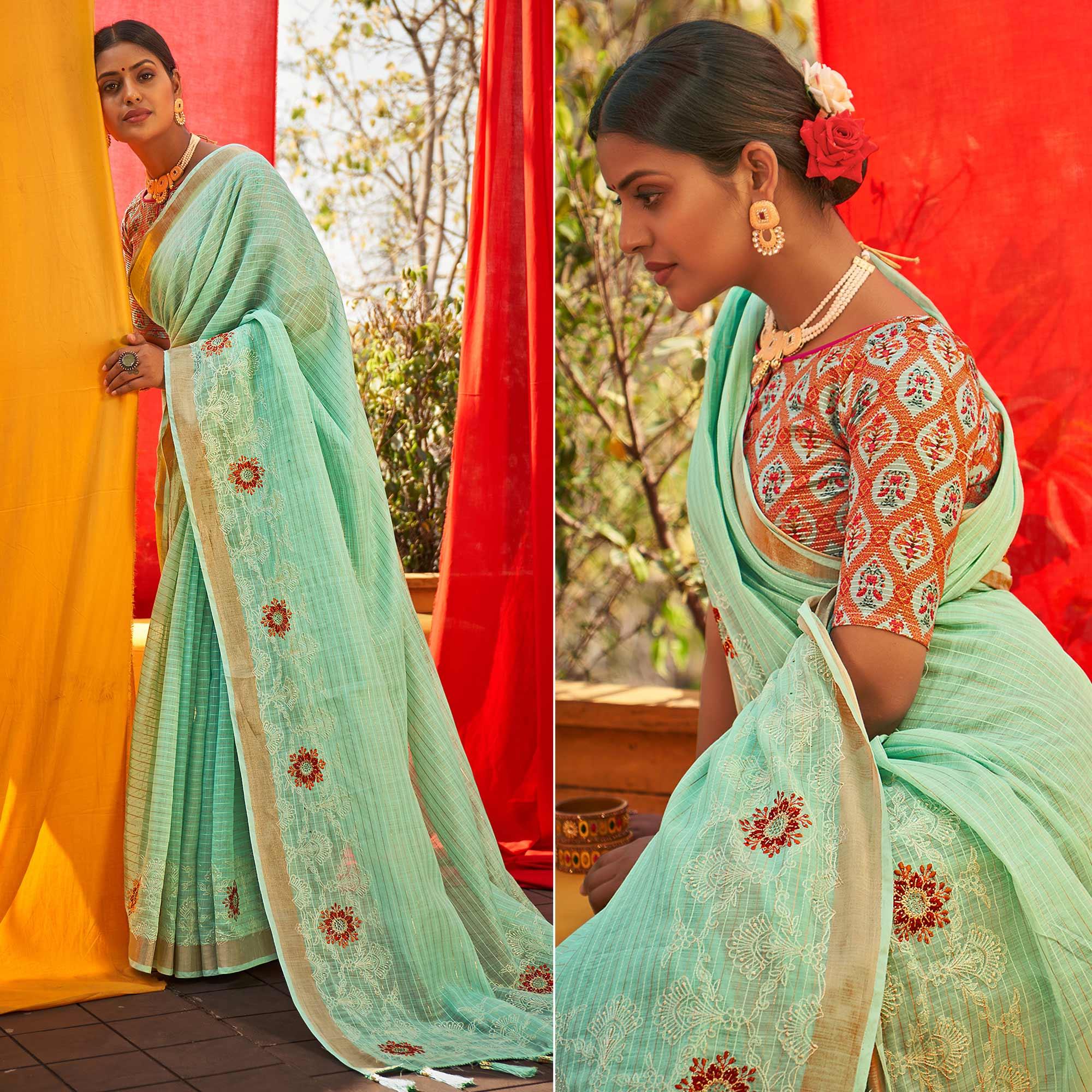 Turquoise Floral Embroidered Linen Saree - Peachmode