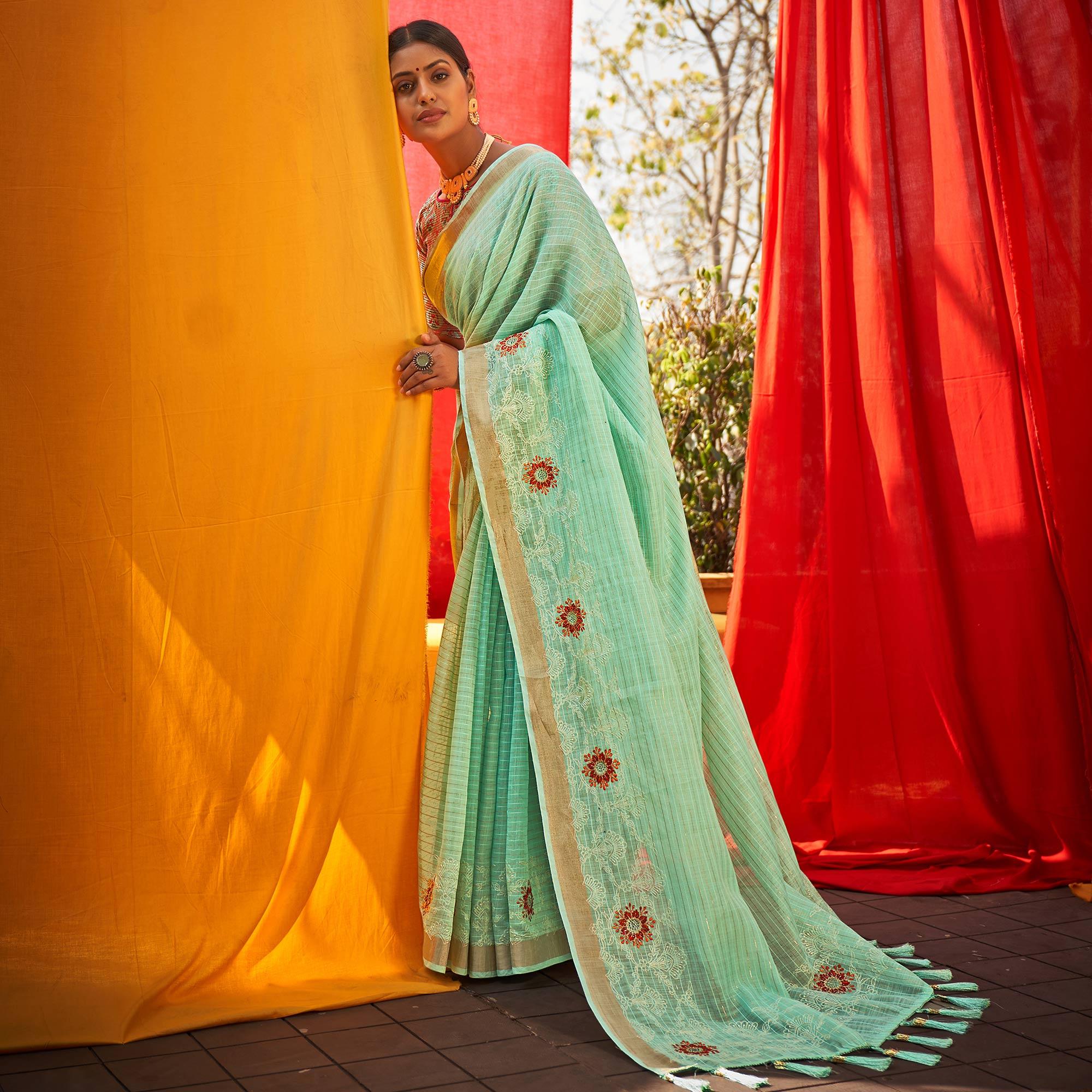 Turquoise Floral Embroidered Linen Saree - Peachmode