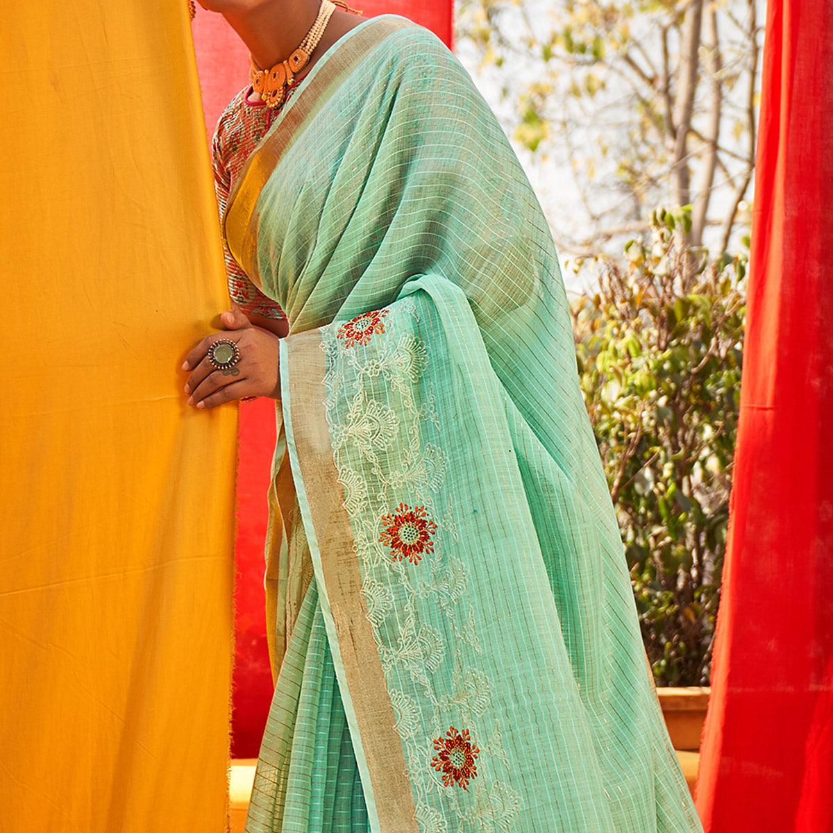 Turquoise Floral Embroidered Linen Saree - Peachmode