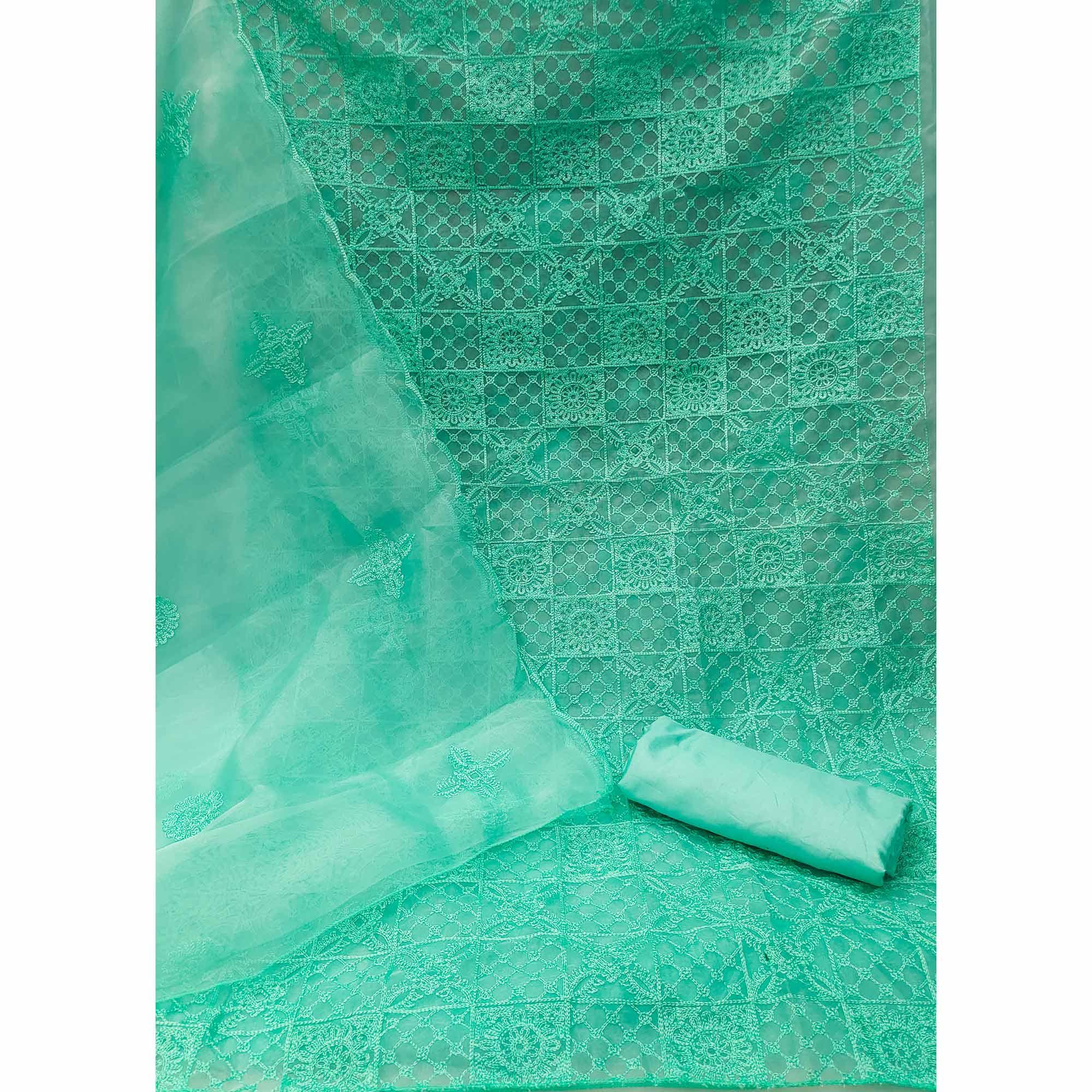 Turquoise Floral Embroidered Organza Dress Material - Peachmode