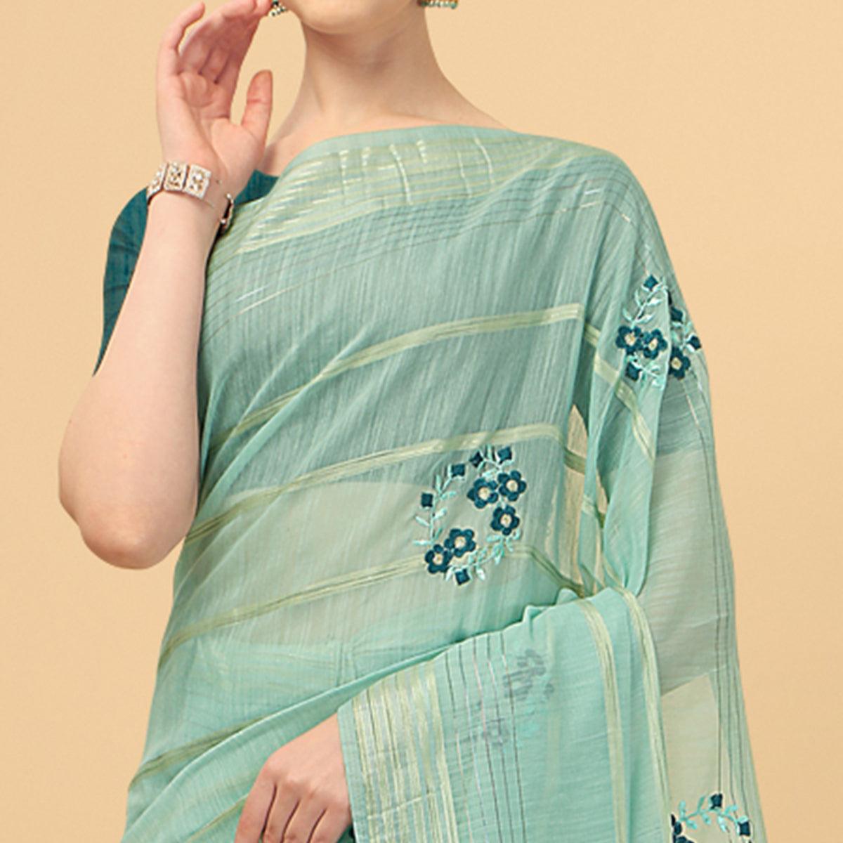Turquoise Floral Embroidered Poly Cotton Saree - Peachmode