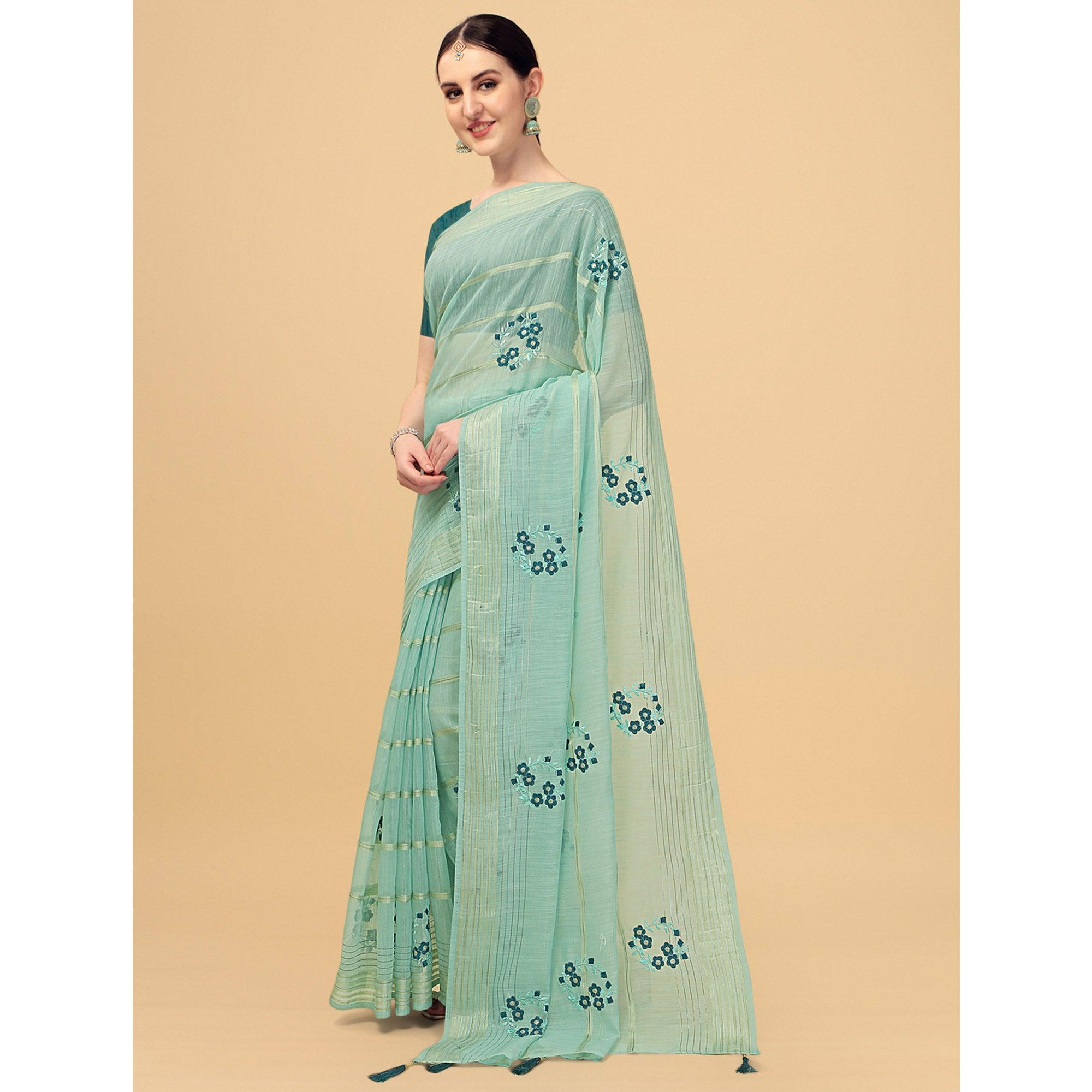 Turquoise Floral Embroidered Poly Cotton Saree - Peachmode