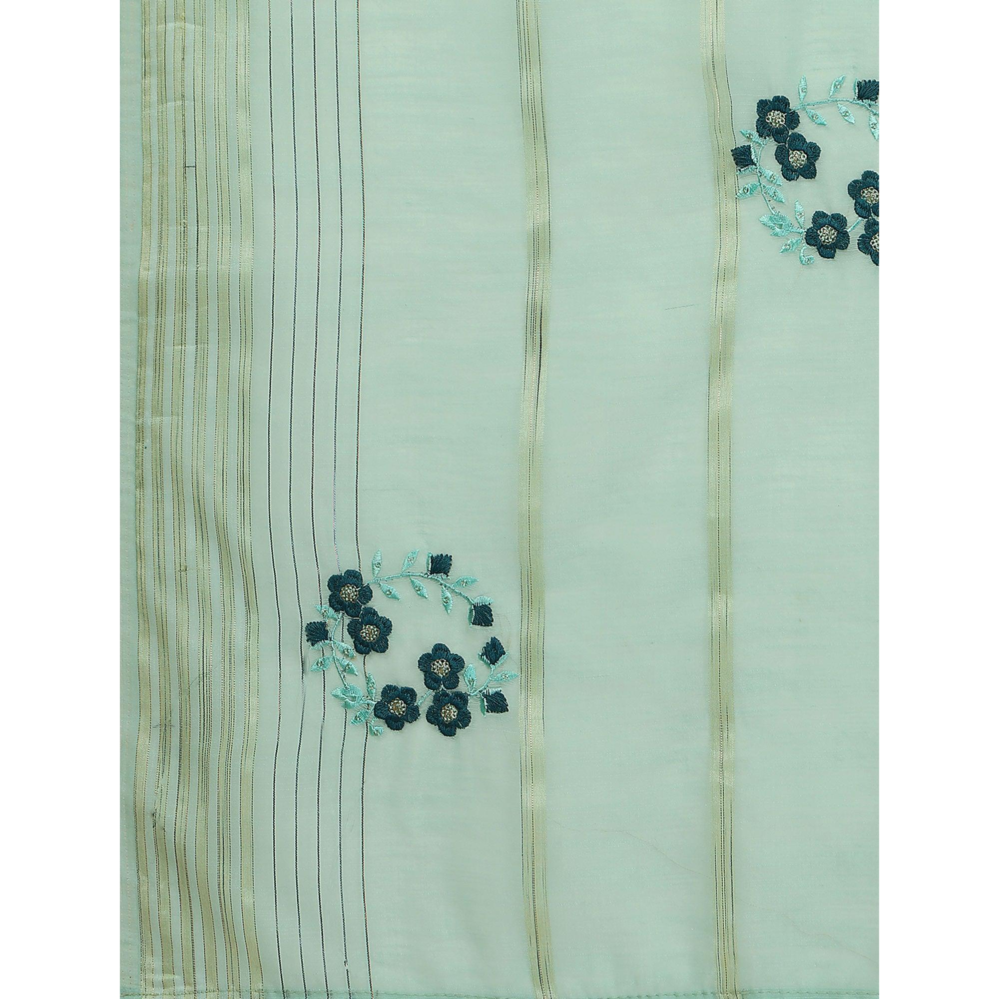 Turquoise Floral Embroidered Poly Cotton Saree - Peachmode