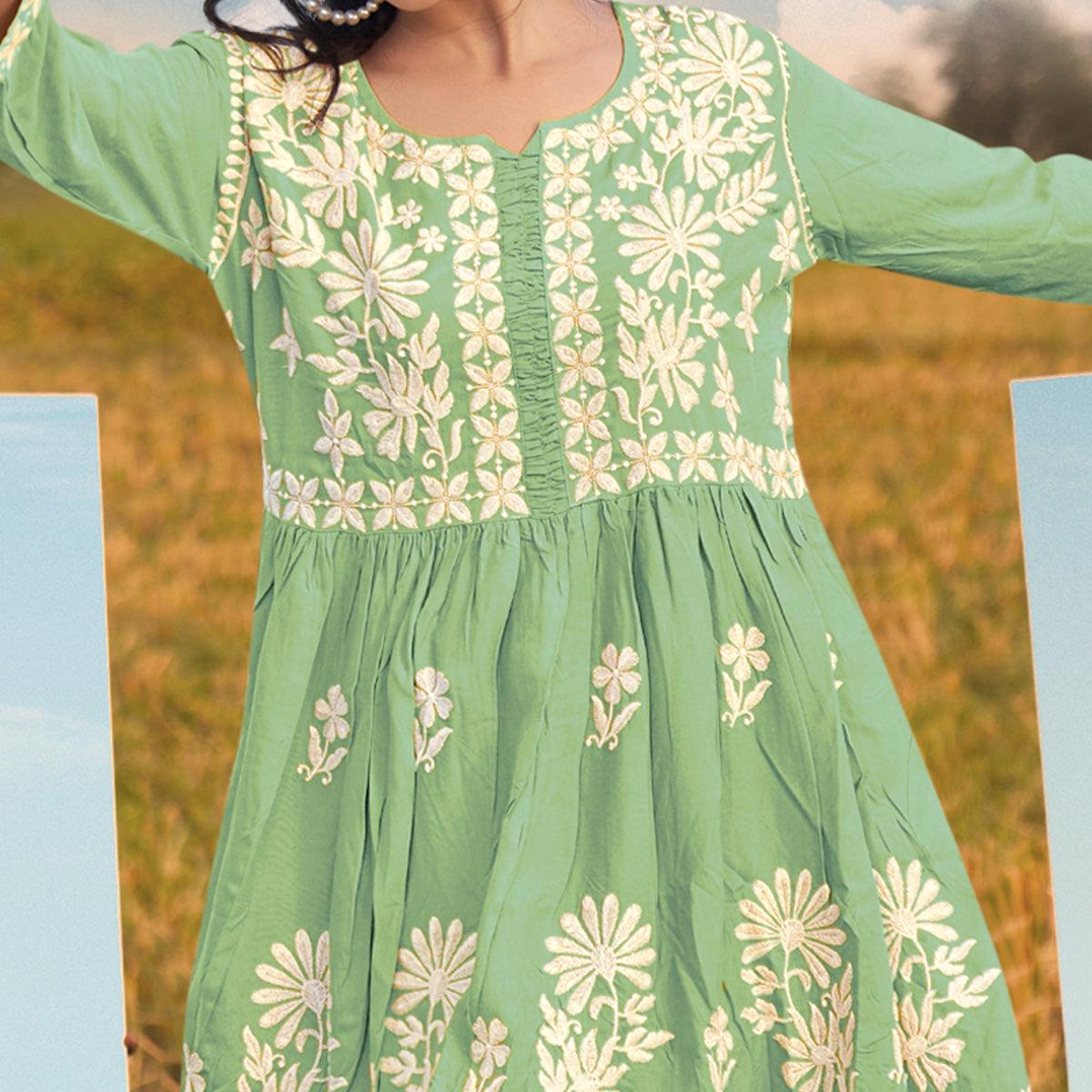 Turquoise Floral Embroidered Rayon Top - Peachmode