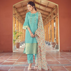 Turquoise Floral Embroidered Viscose Kurti - Pant Set With Dupatta - Peachmode