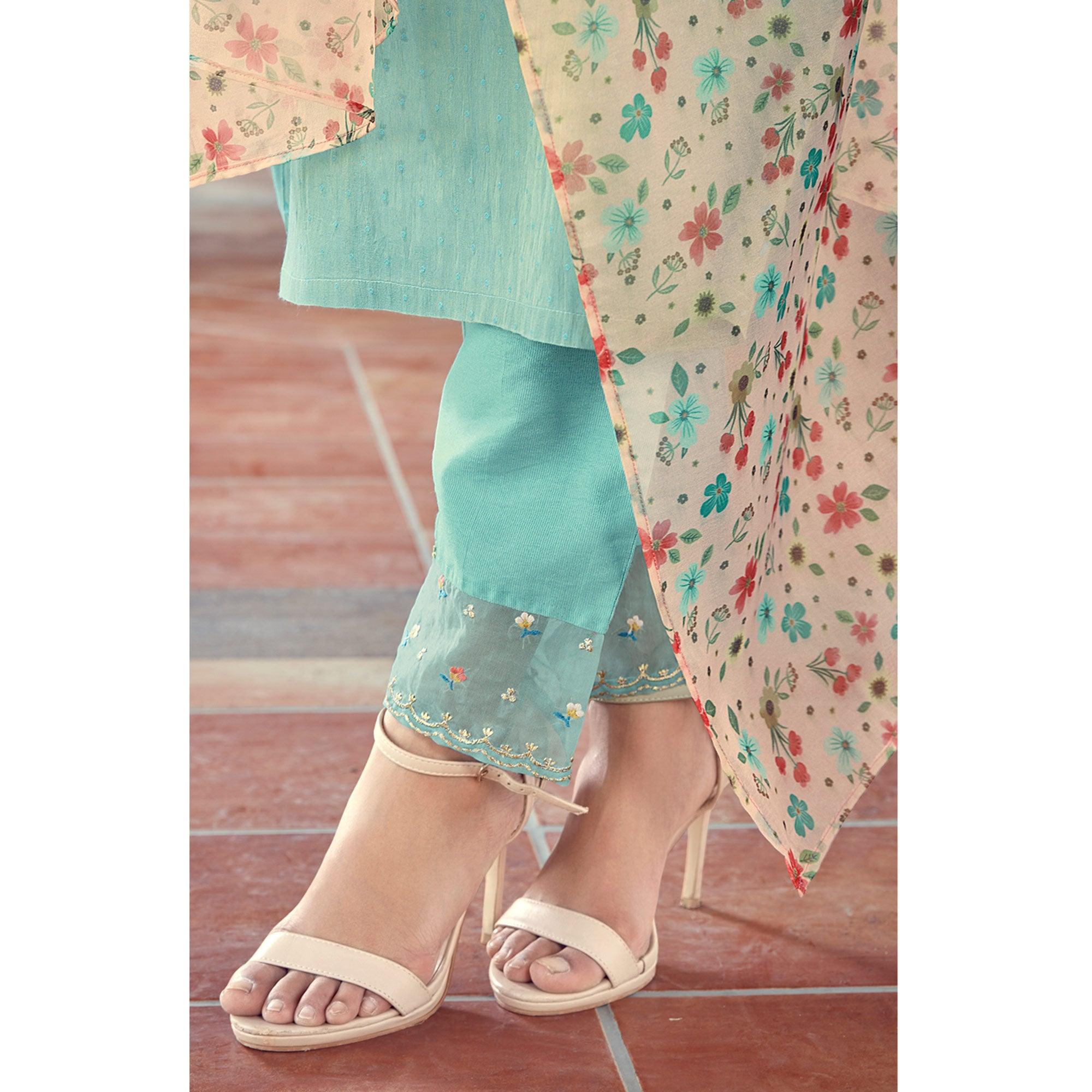 Turquoise Floral Embroidered Viscose Kurti - Pant Set With Dupatta - Peachmode
