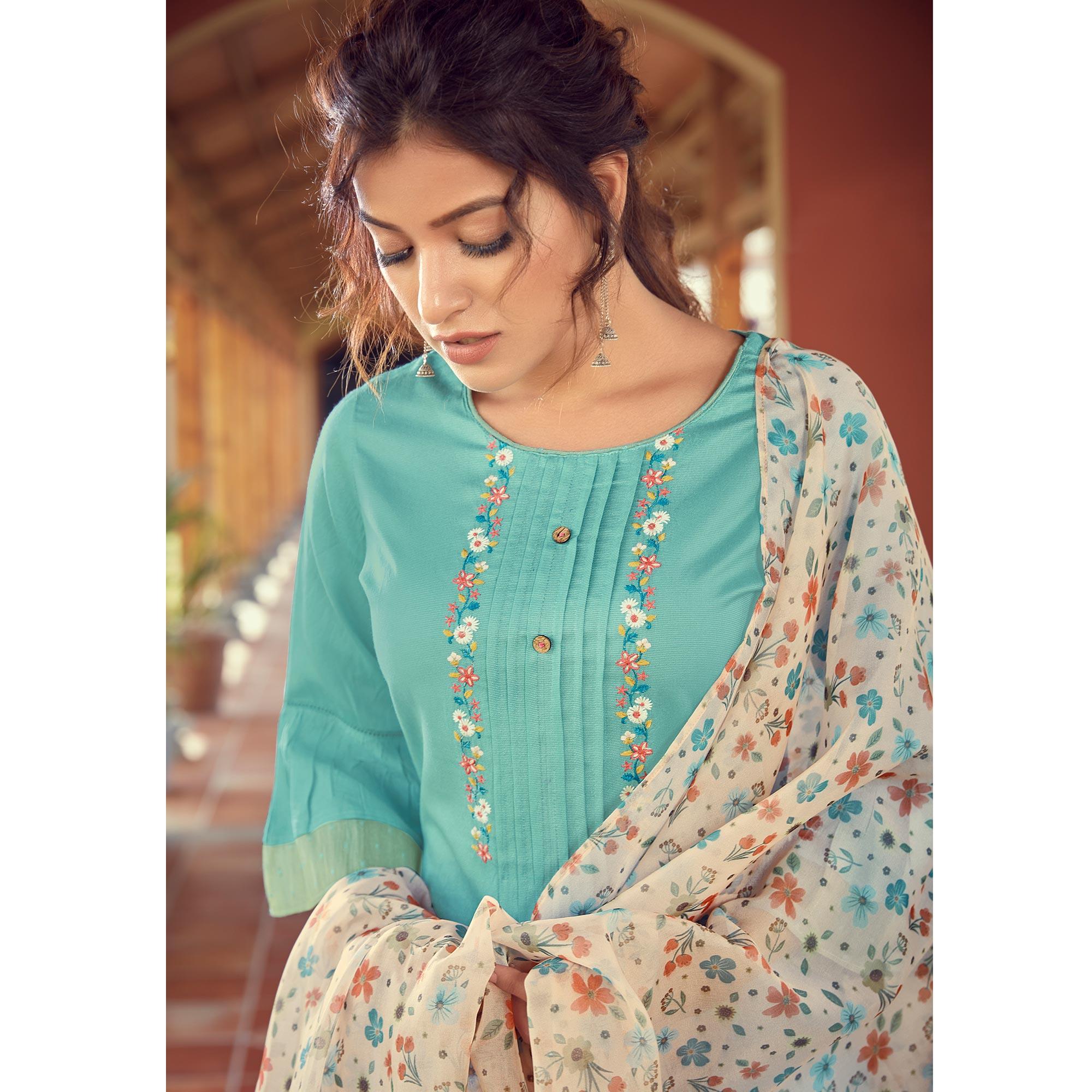 Turquoise Floral Embroidered Viscose Kurti - Pant Set With Dupatta - Peachmode