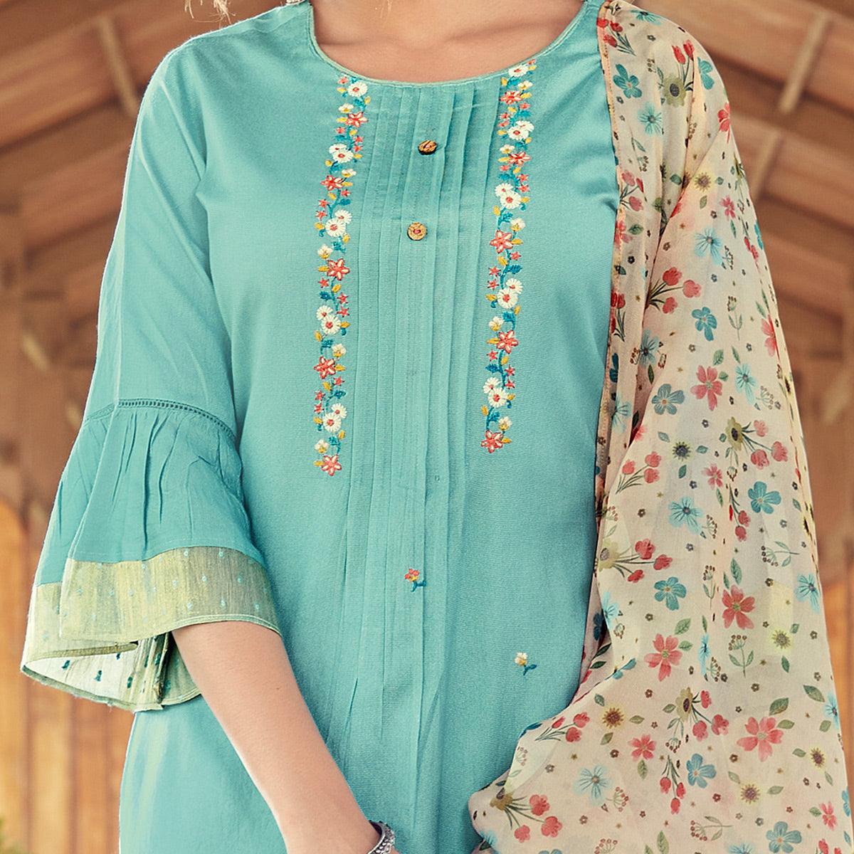Turquoise Floral Embroidered Viscose Kurti - Pant Set With Dupatta - Peachmode