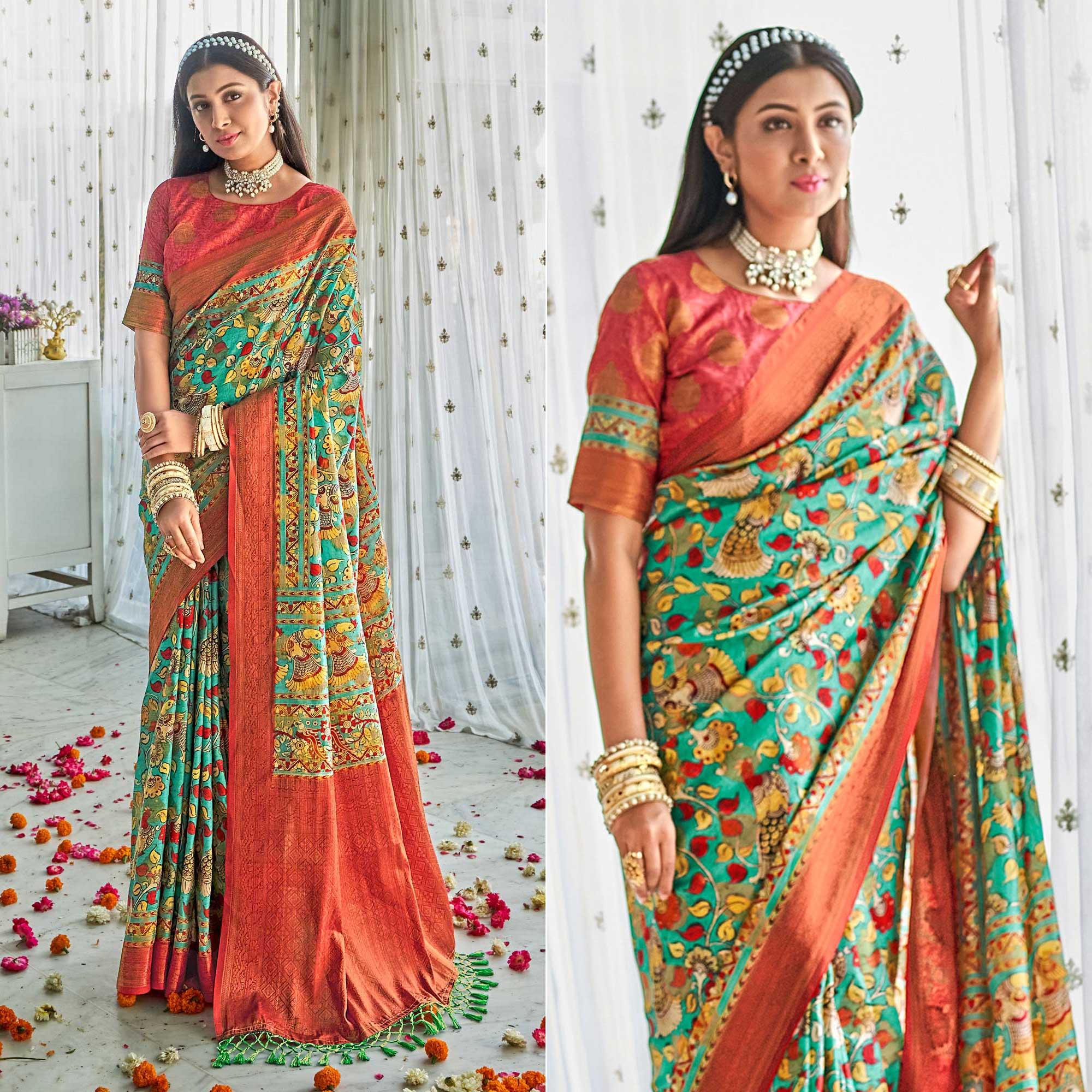 Turquoise Floral Printed Art Silk Saree - Peachmode