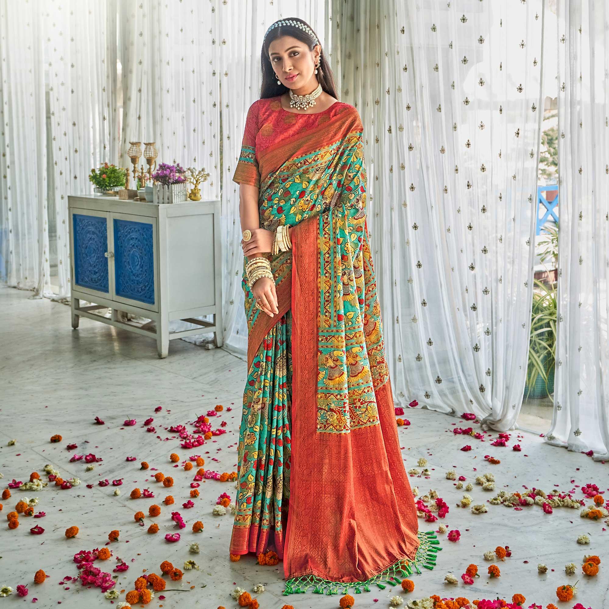 Turquoise Floral Printed Art Silk Saree - Peachmode