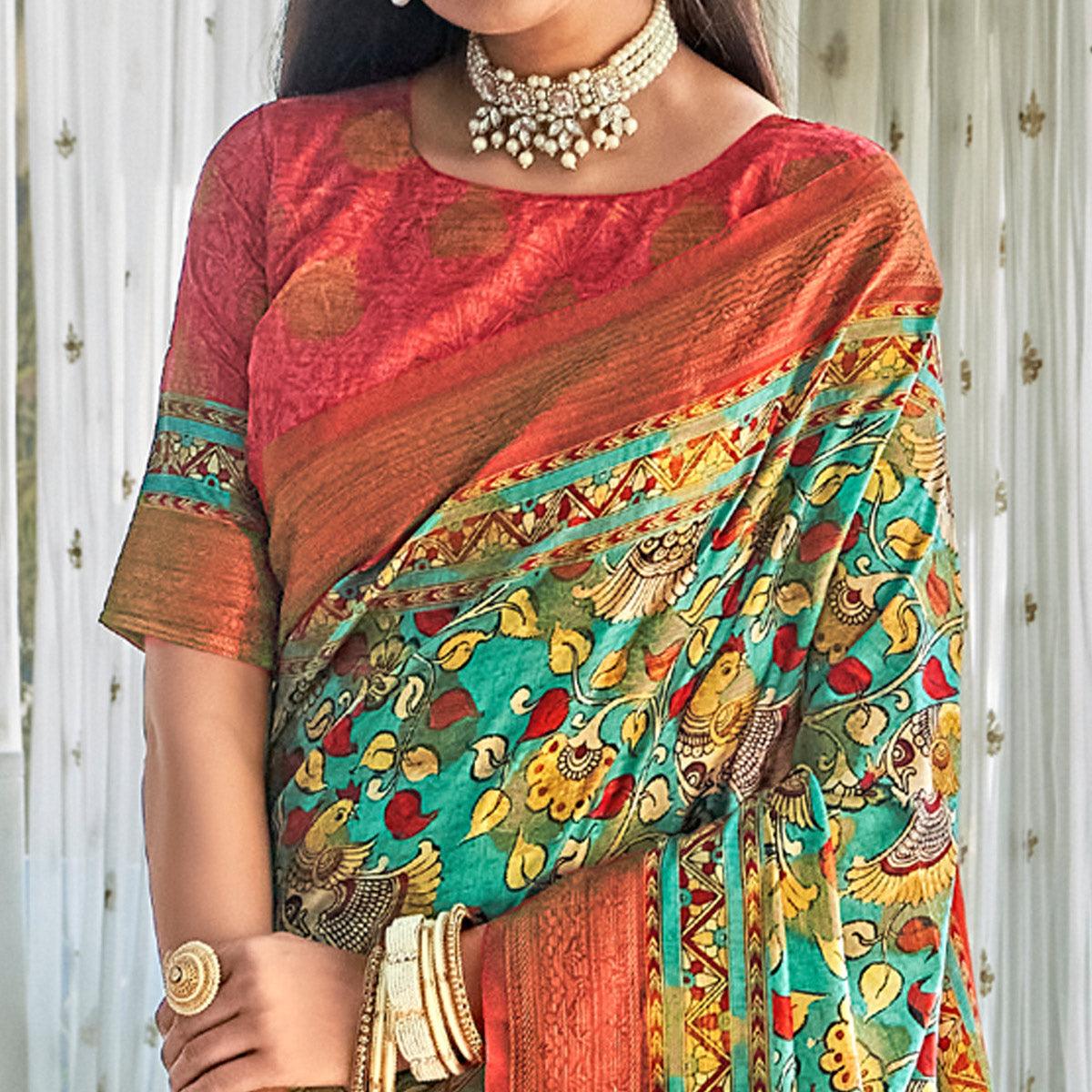 Turquoise Floral Printed Art Silk Saree - Peachmode