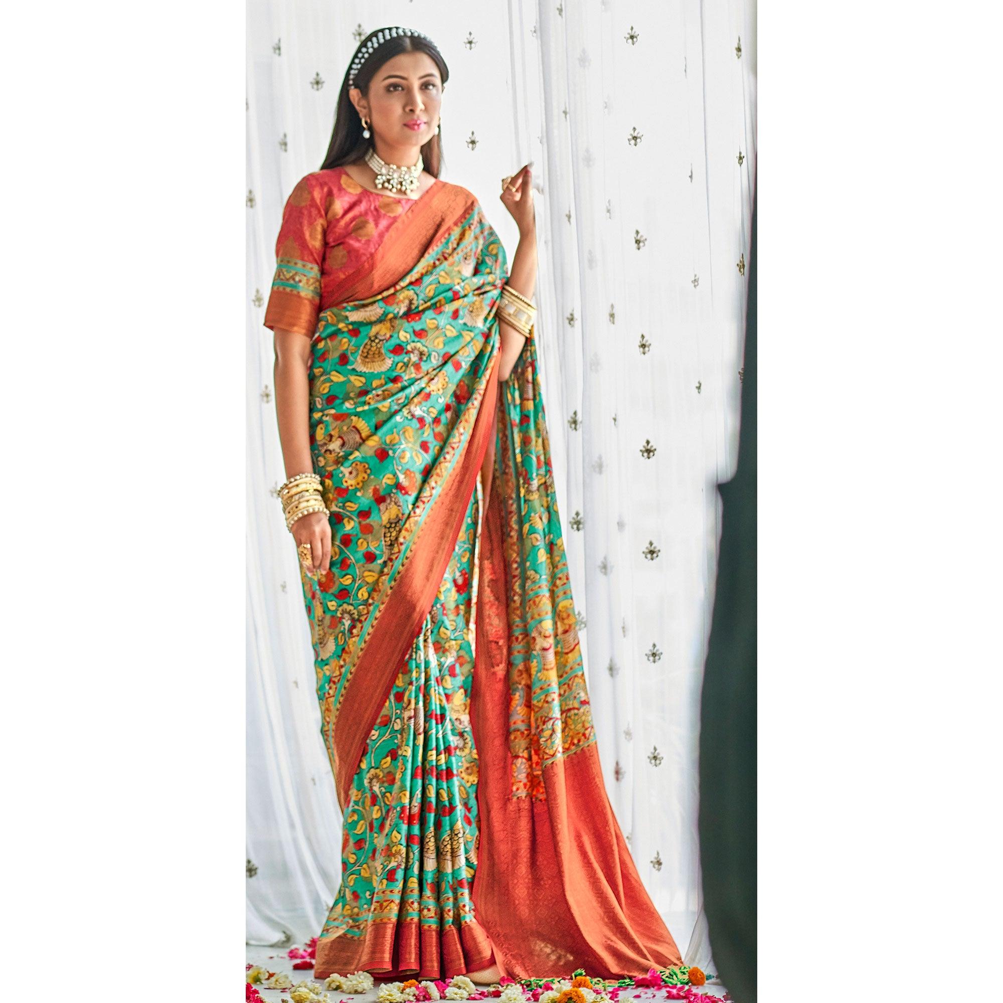 Turquoise Floral Printed Art Silk Saree - Peachmode