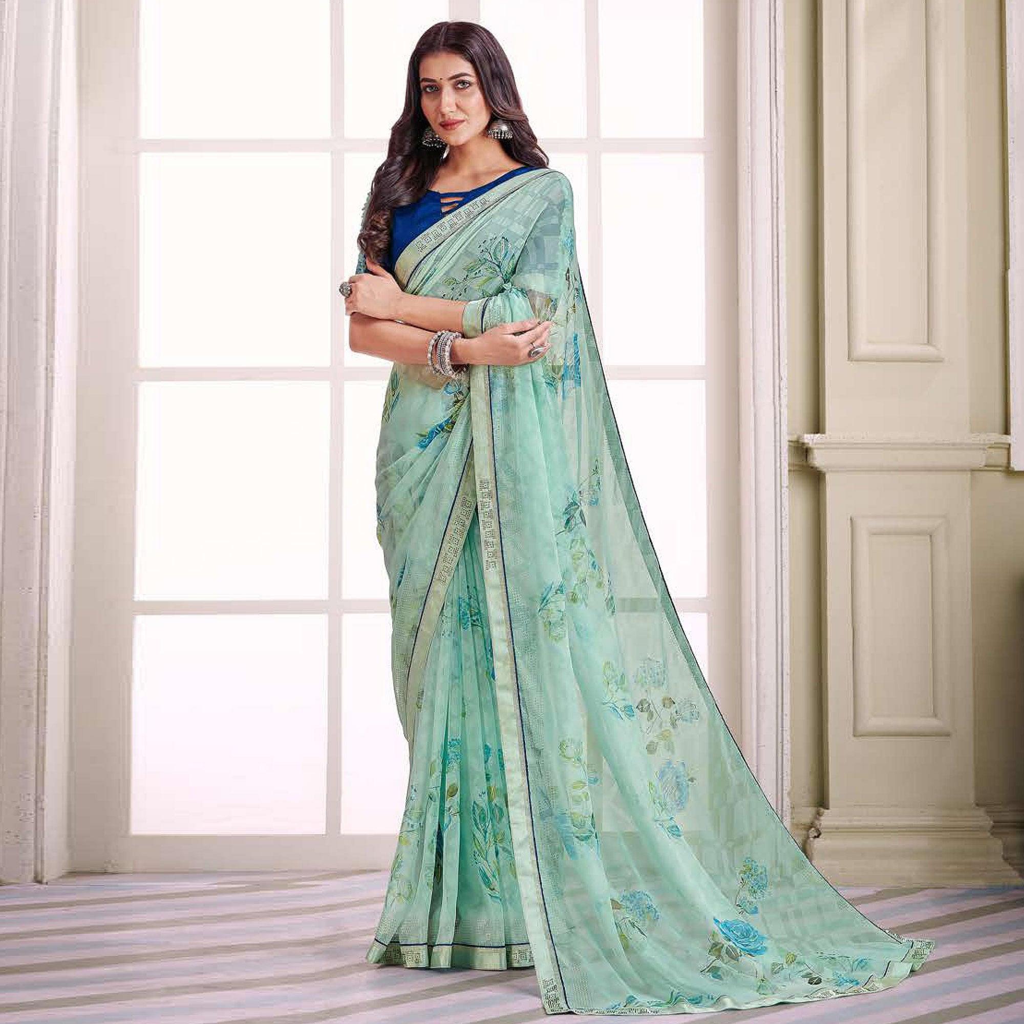 Turquoise Floral Printed Brasso Saree - Peachmode