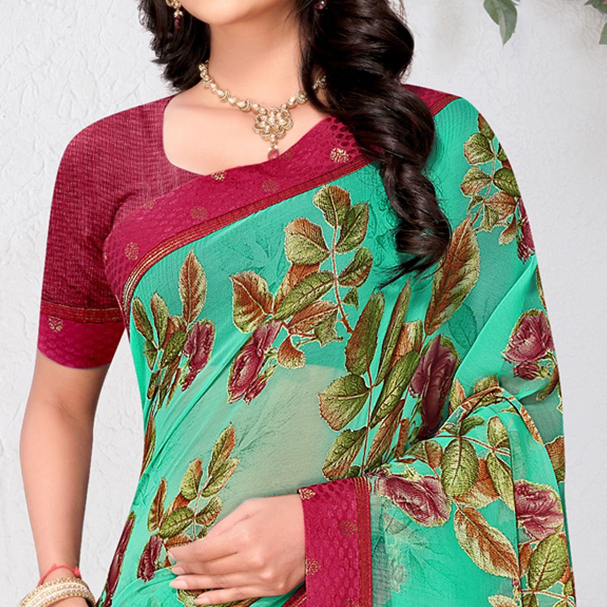 Turquoise Floral Printed Brasso Saree - Peachmode