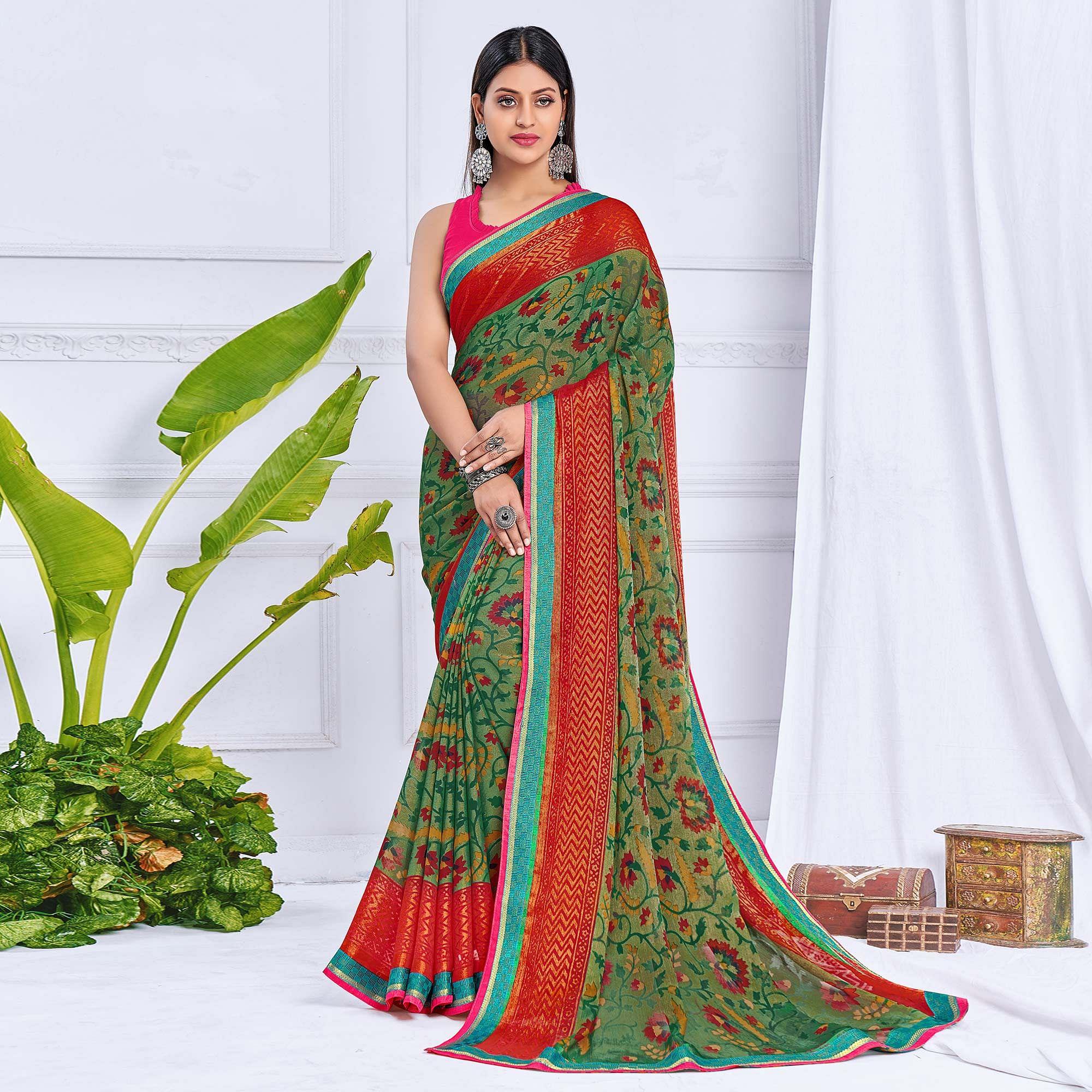 Turquoise Floral Printed Chiffon Saree - Peachmode