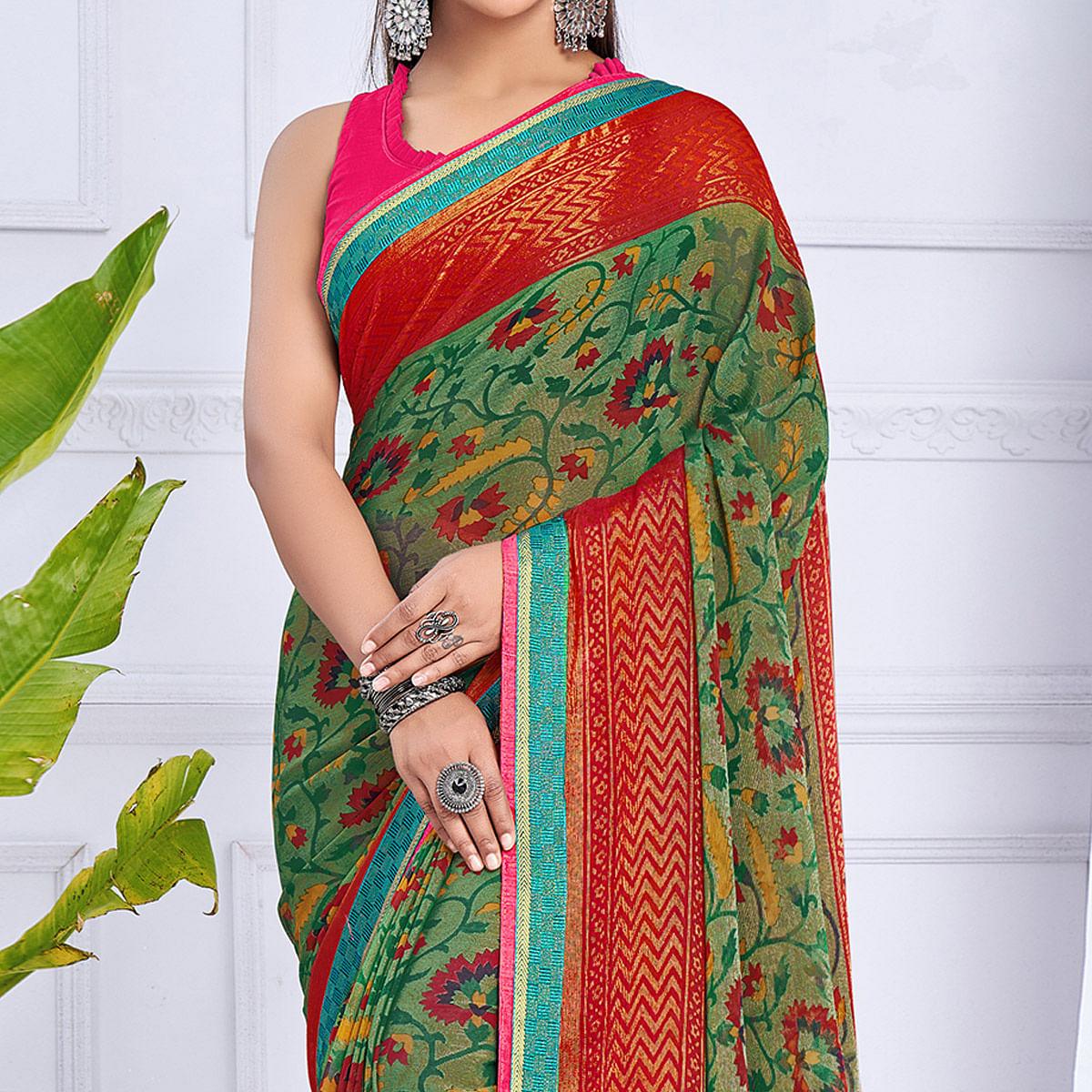 Turquoise Floral Printed Chiffon Saree - Peachmode