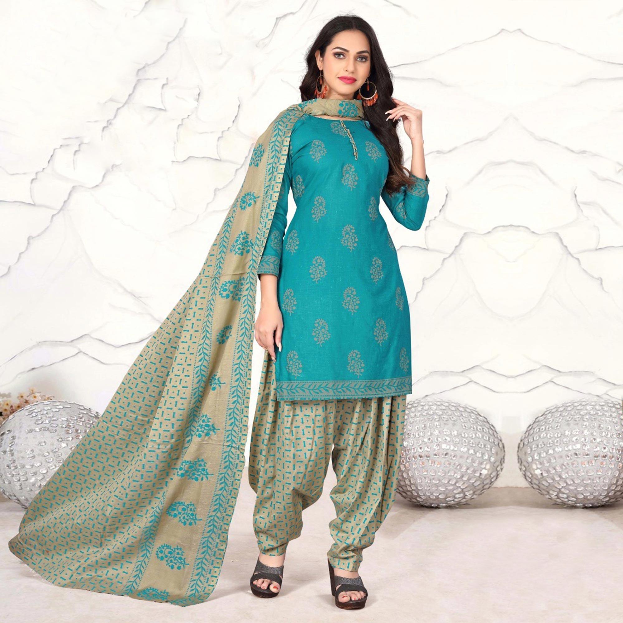Turquoise Floral Printed Cotton Blend Dress Material - Peachmode