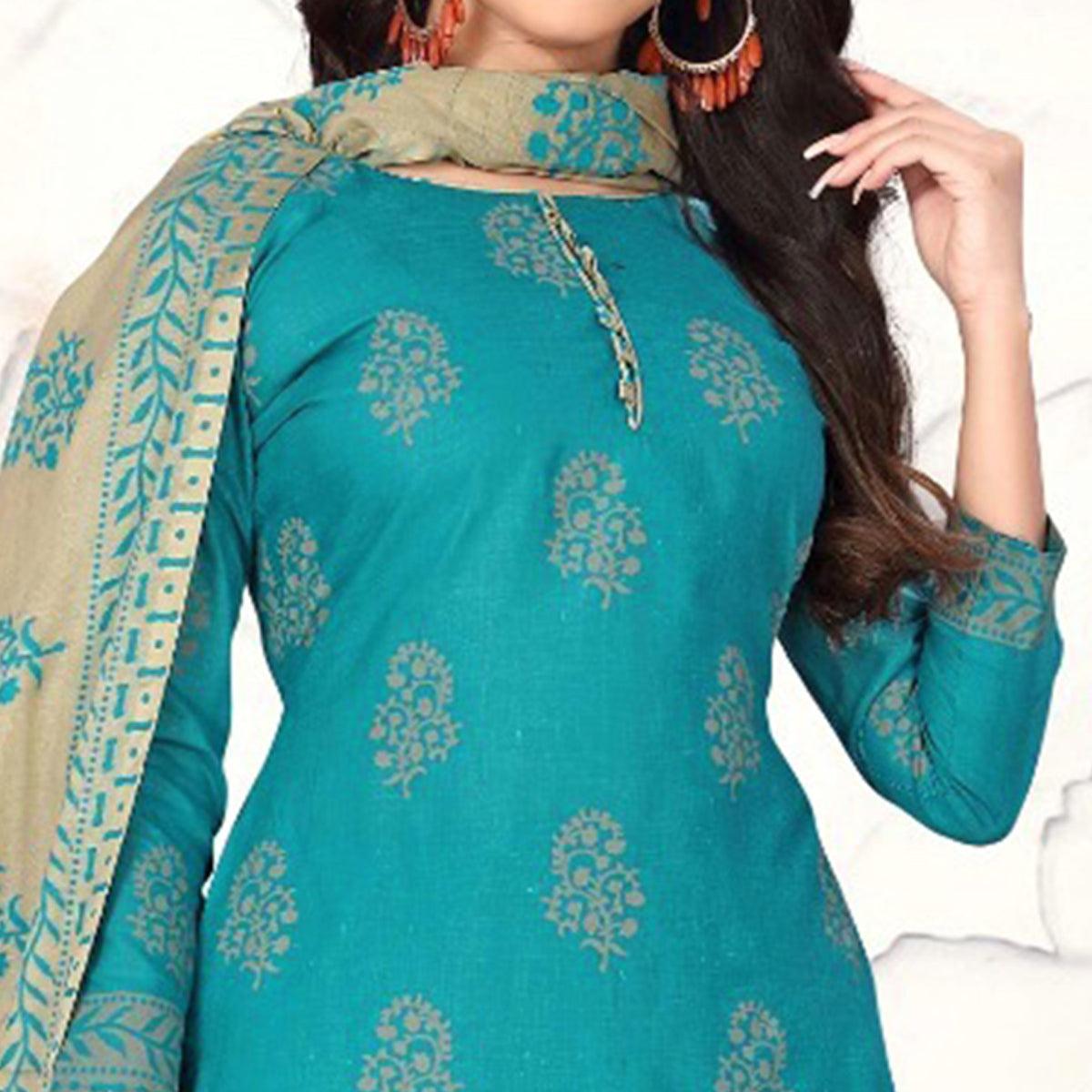 Turquoise Floral Printed Cotton Blend Dress Material - Peachmode
