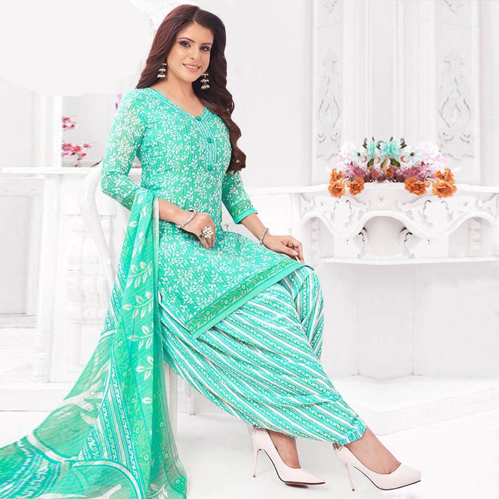 Turquoise Floral Printed Crepe Patiala Dress Material - Peachmode