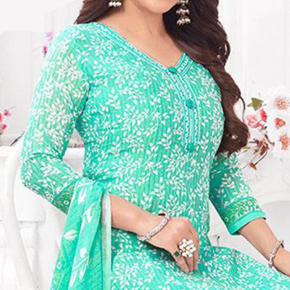 Turquoise Floral Printed Crepe Patiala Dress Material - Peachmode