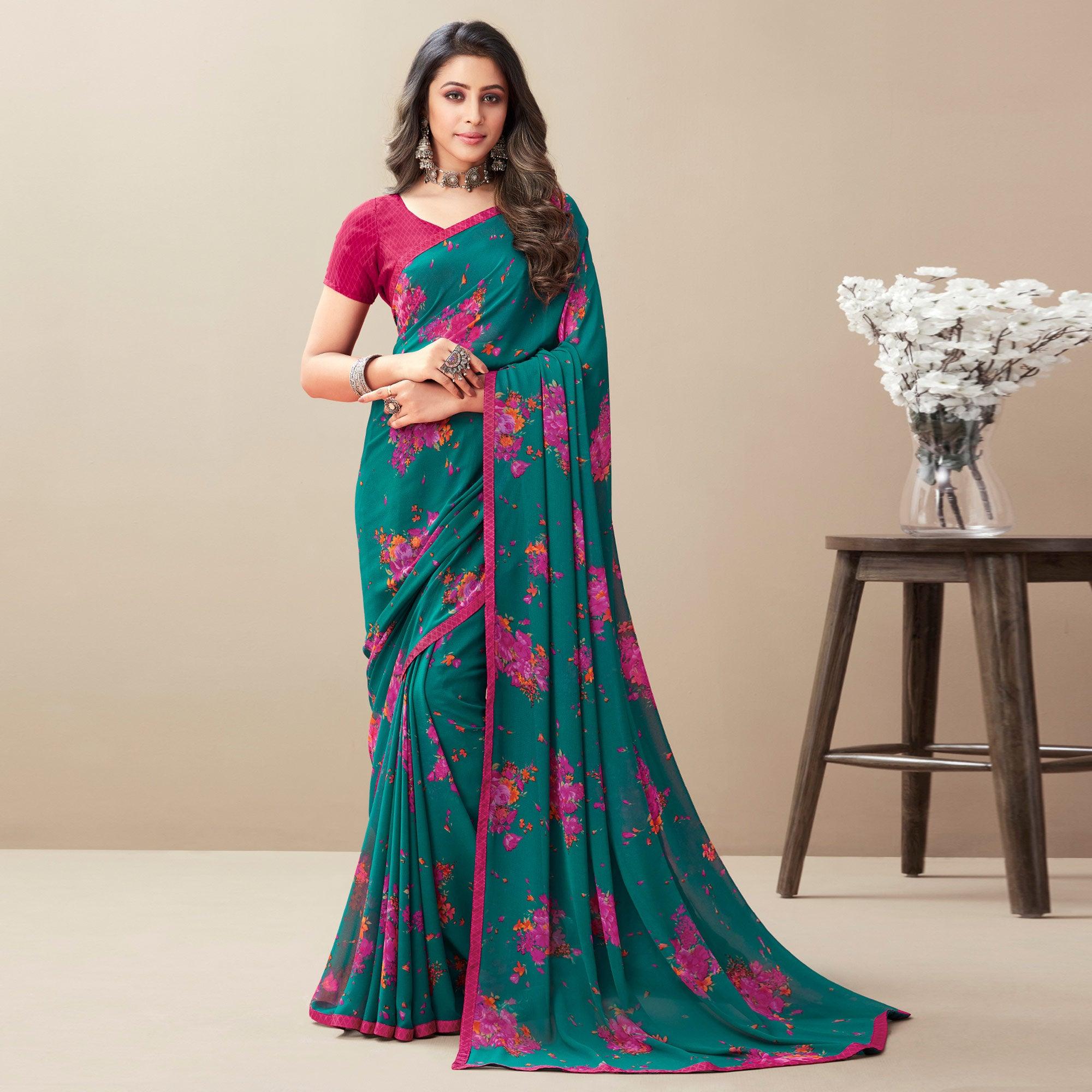 Turquoise Floral Printed Georgette Saree - Peachmode