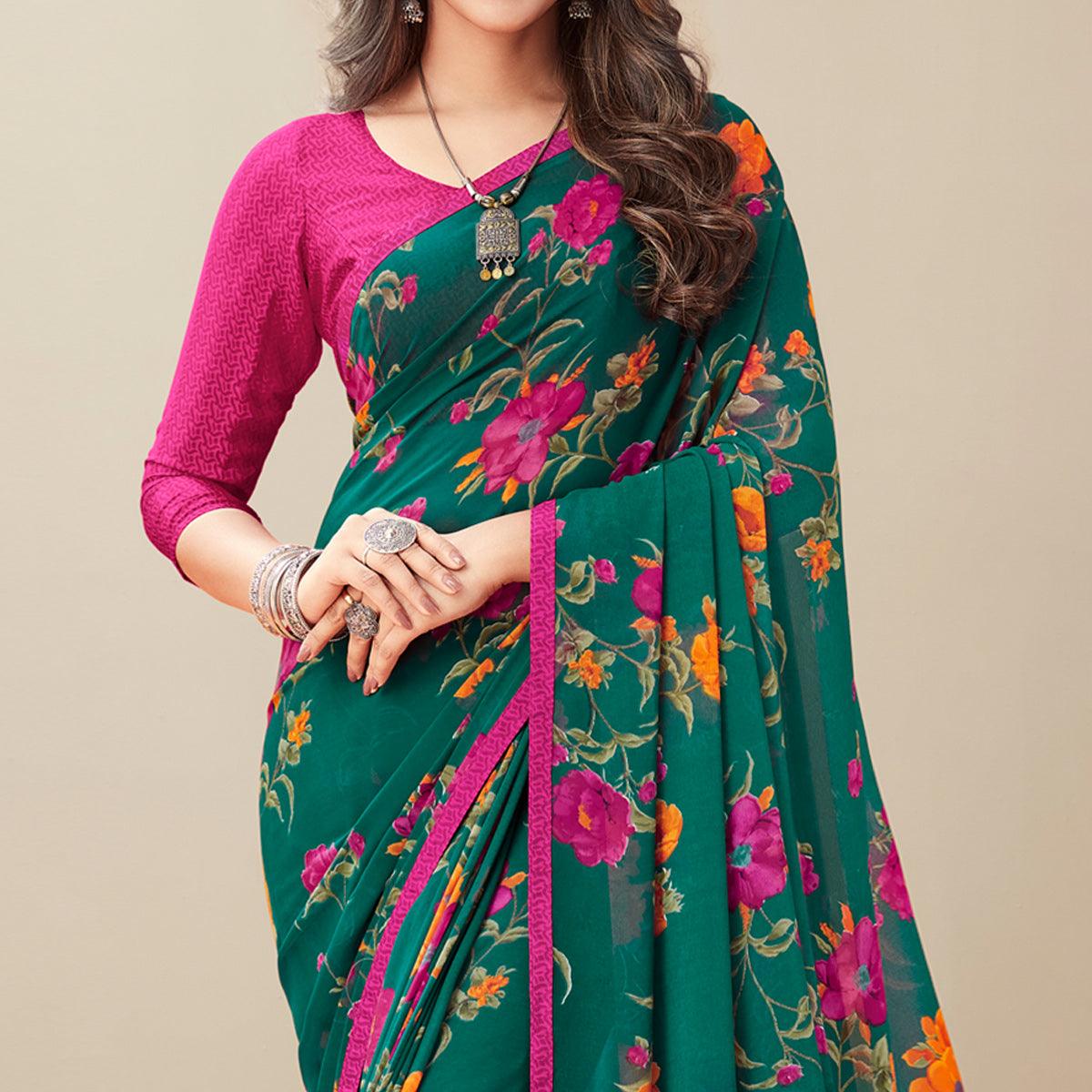 Turquoise Floral Printed Georgette Saree - Peachmode