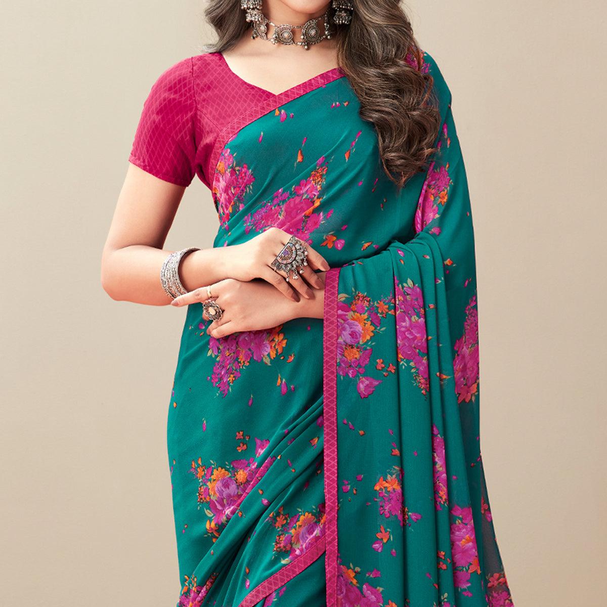 Turquoise Floral Printed Georgette Saree - Peachmode