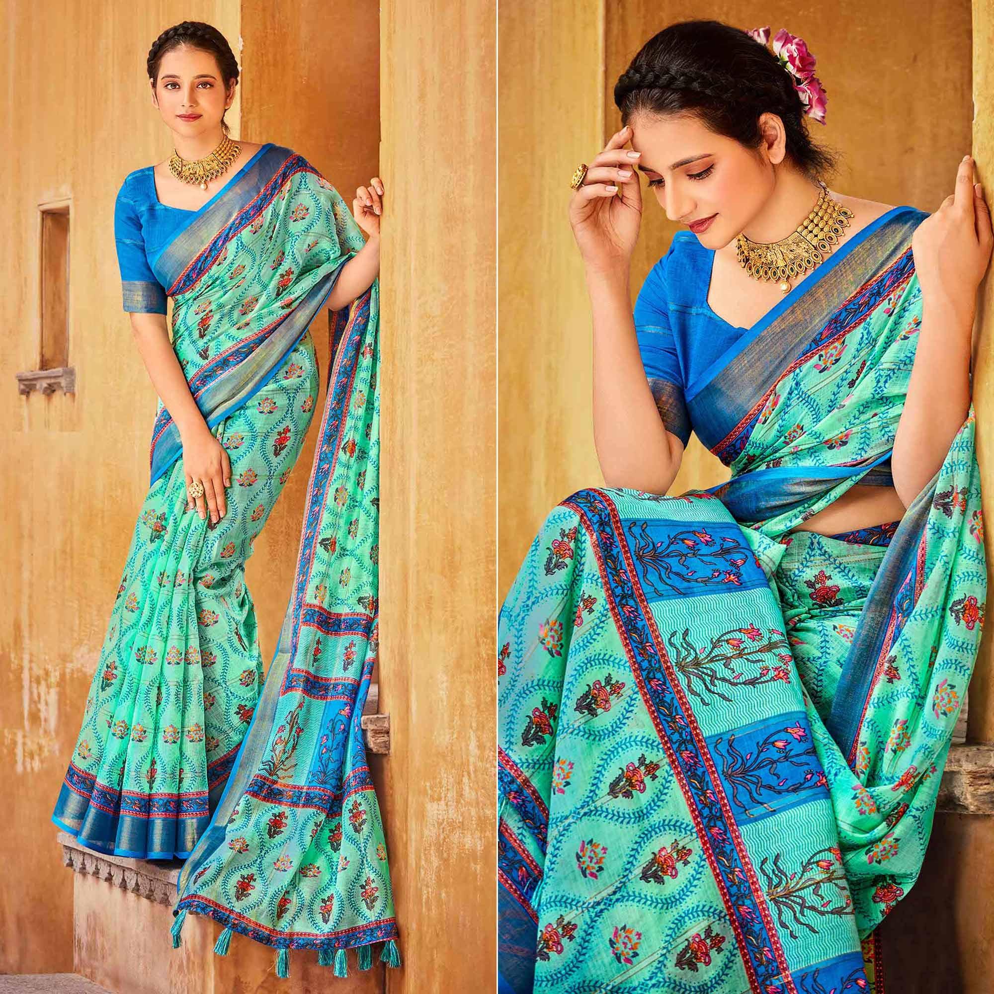 Turquoise Floral Printed Linen Saree - Peachmode