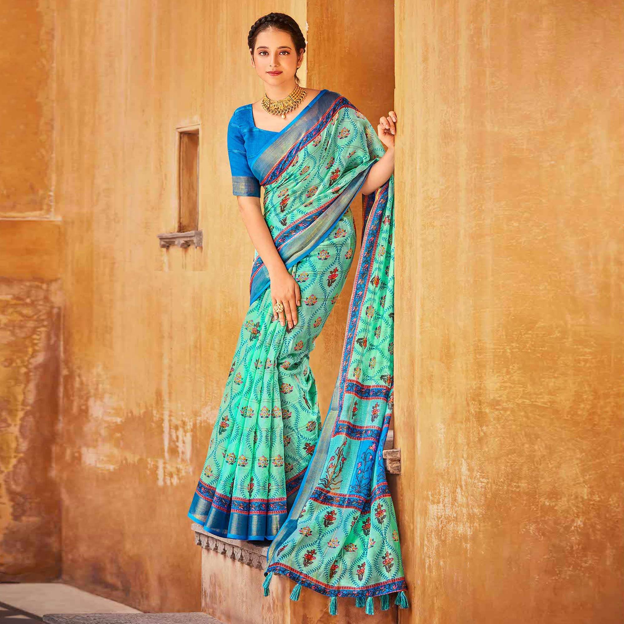 Turquoise Floral Printed Linen Saree - Peachmode