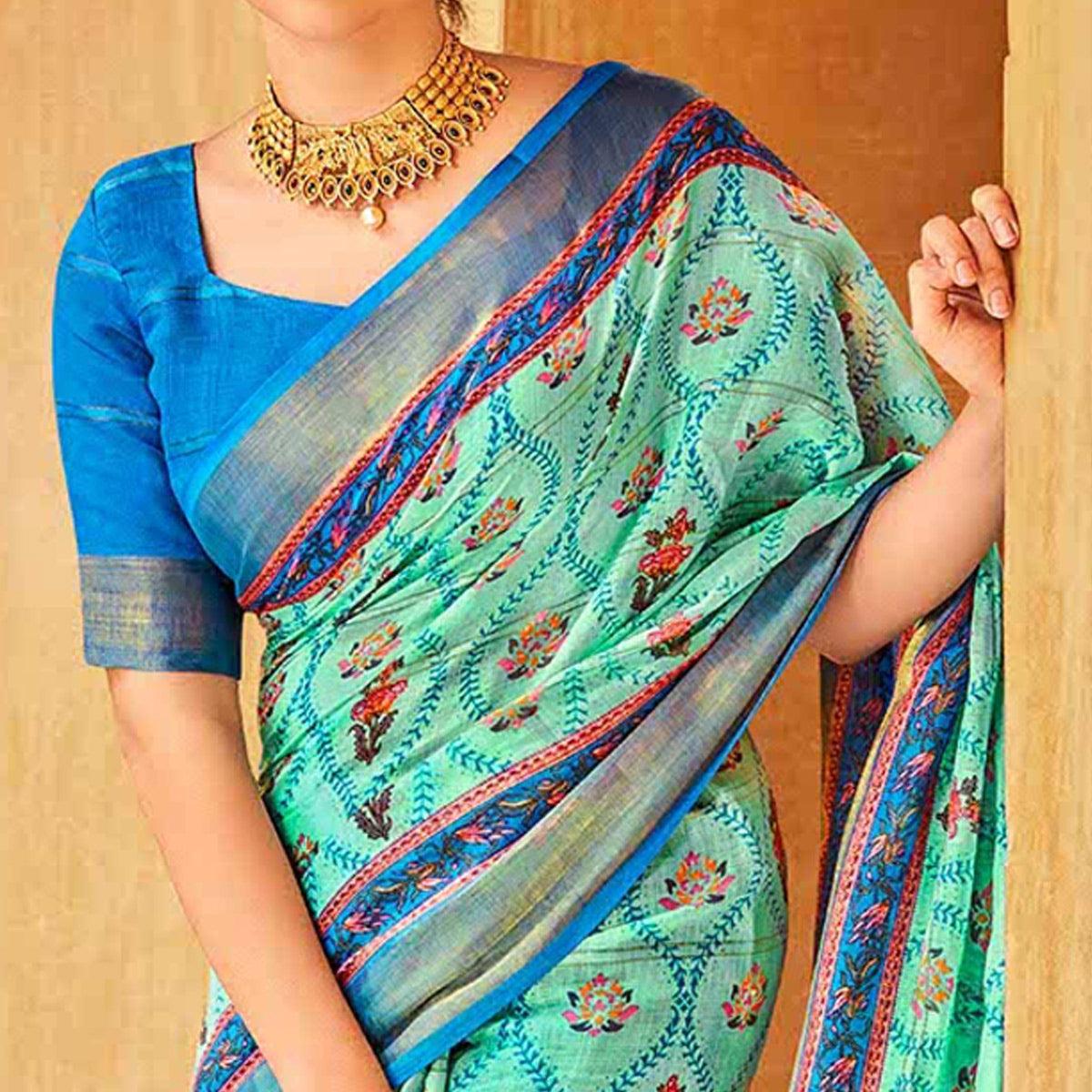 Turquoise Floral Printed Linen Saree - Peachmode