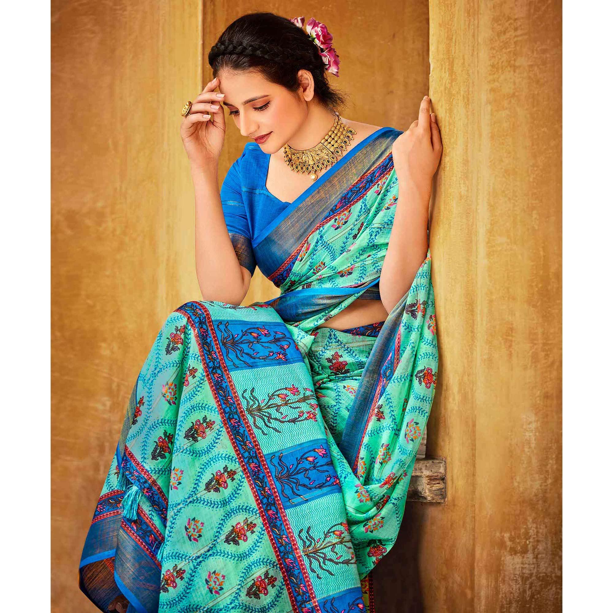 Turquoise Floral Printed Linen Saree - Peachmode