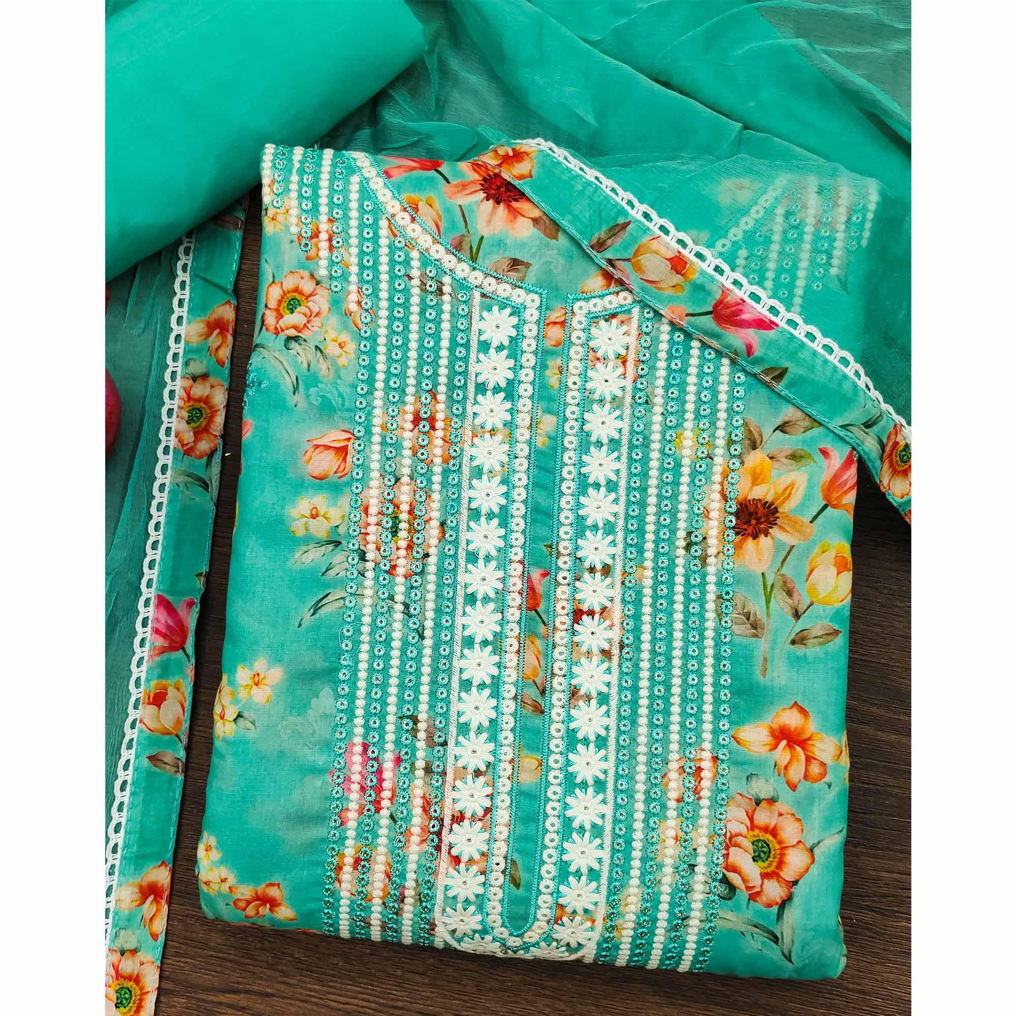 Turquoise Floral Printed With Embroidery Pure Cotton Dress Material - Peachmode